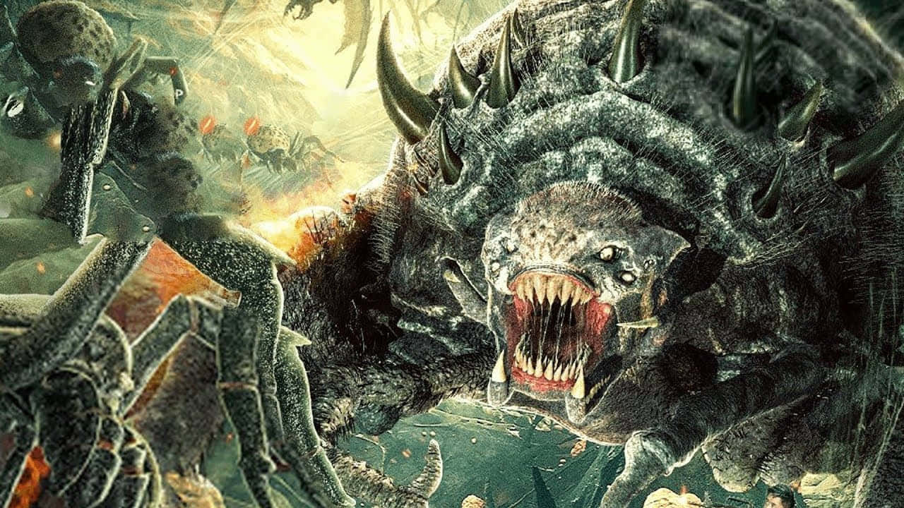Rancor 桌布 壁紙 — 一隻帶有尖刺、眼睛發光、牙齒鋒利的怪物在與較小怪物的混亂戰鬥場景中咆哮。