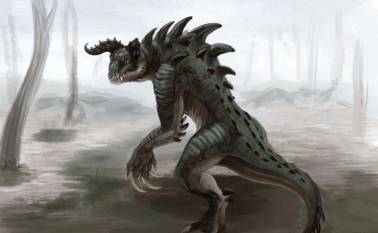 Deathclaw 桌布 壁紙 — 一隻帶有尖刺、眼睛發光嘅威嚇性巨龍喺陰天嘅迷霧森林中徘徊。