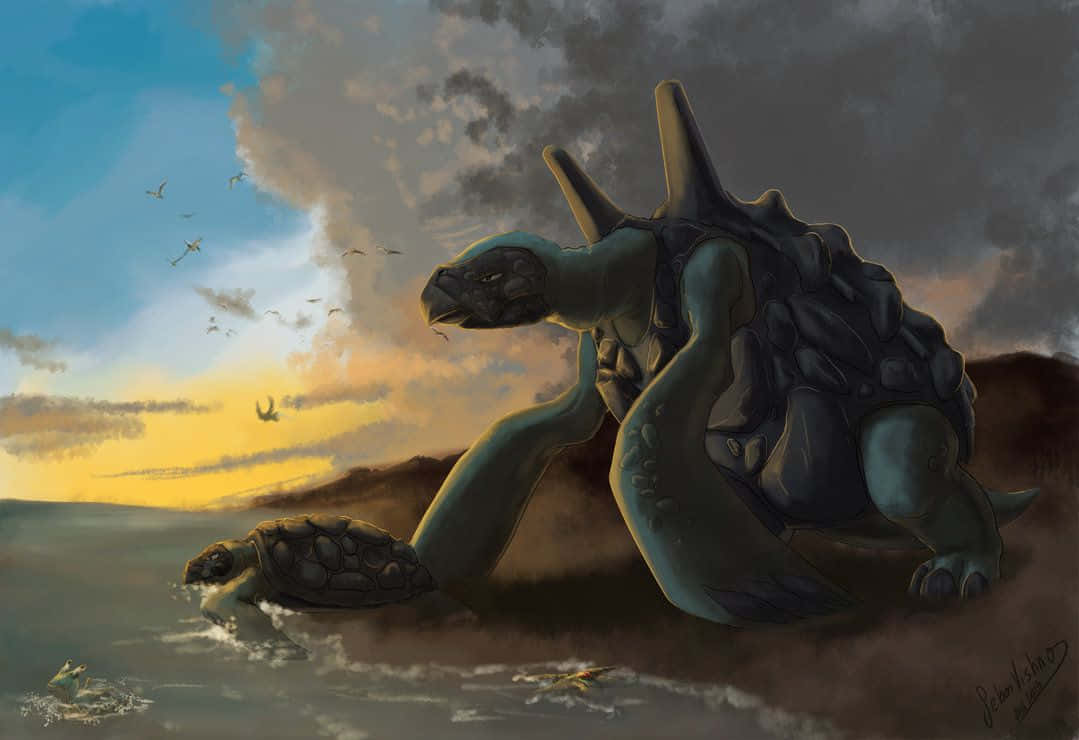 遊戲 桌布 壁紙 — 一隻帶有尖刺甲殼的巨大史前海龜在日落時從海洋中浮現，附近有一隻較小的海龜在游泳，鳥兒在頭頂飛翔。
