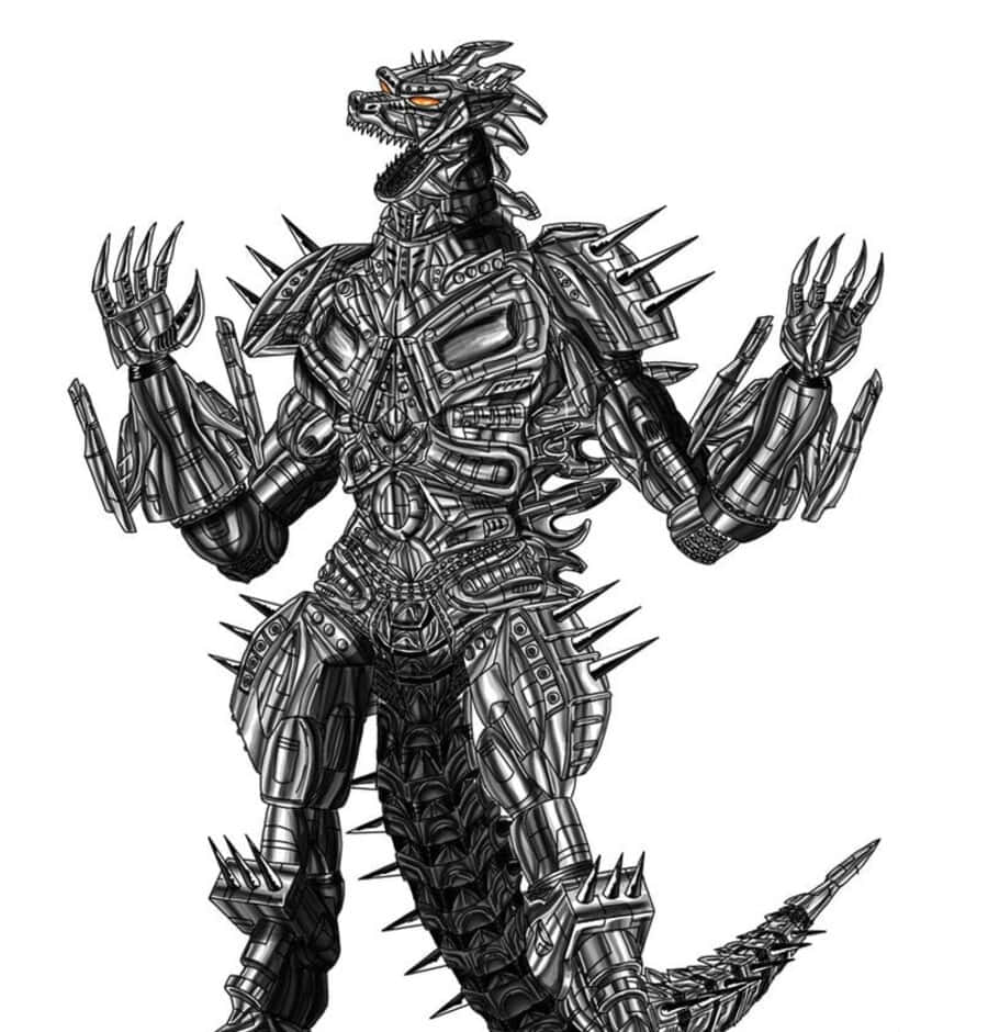 Robot Godzilla 桌布 壁紙 — 一隻帶有尖刺裝甲和發光橙色眼睛的威脅性機械哥斯拉，在純白色背景前以全細節站立。