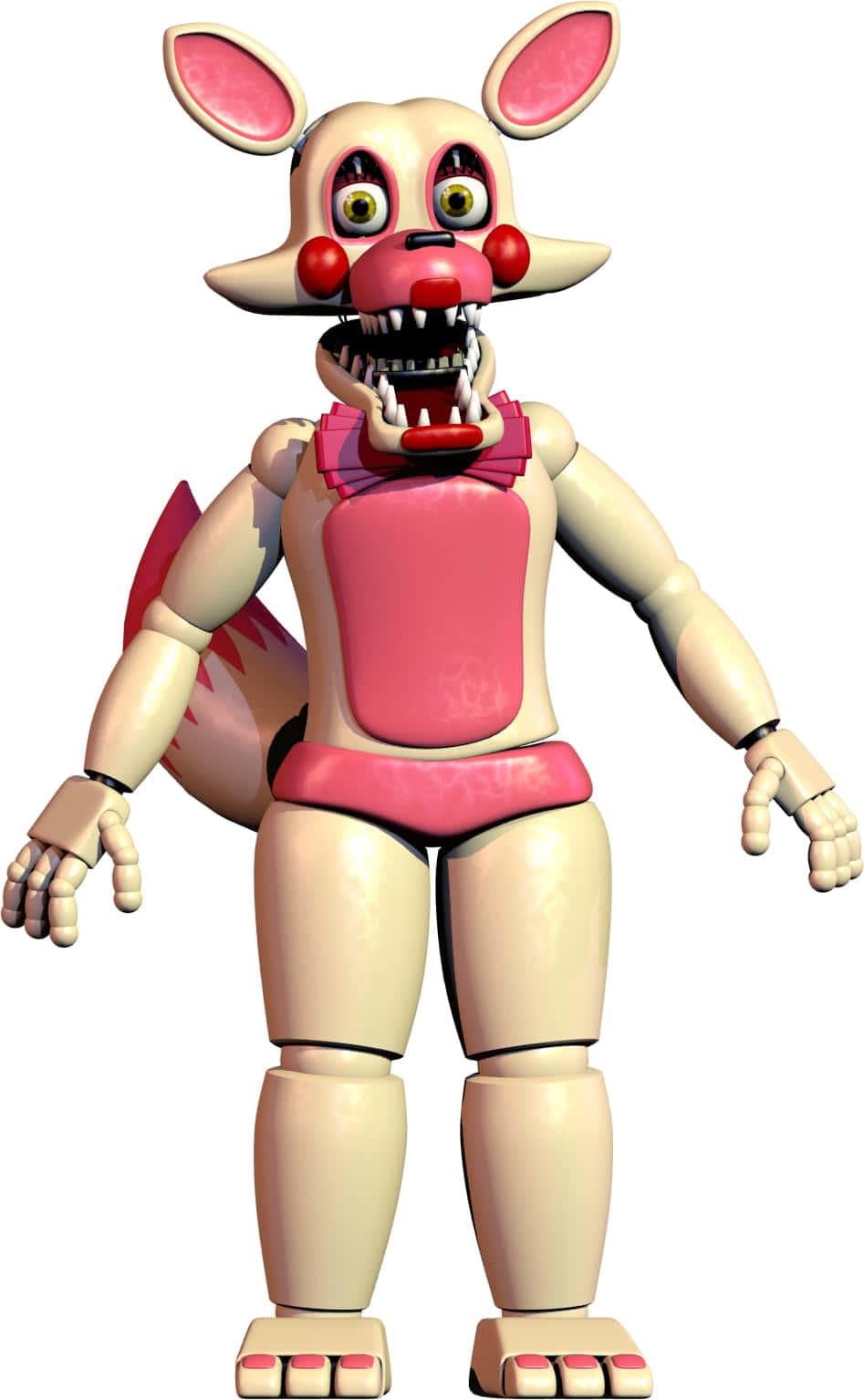 Funtime Foxy 桌布 壁紙 — 一隻帶有尖牙、紅鼻子和粉紅色蝴蝶結的可怕電子動畫狐狸，站在純白色背景前。