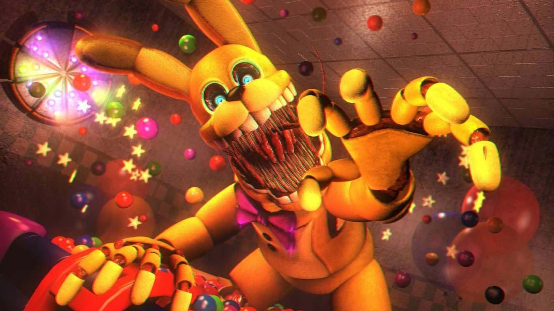Fazbear Frights 桌布 壁紙 — 一隻帶有尖牙和發光眼睛的威脅性黃色電子兔在充滿彩色氣球和星星的黑暗遊戲機中心向前伸手。