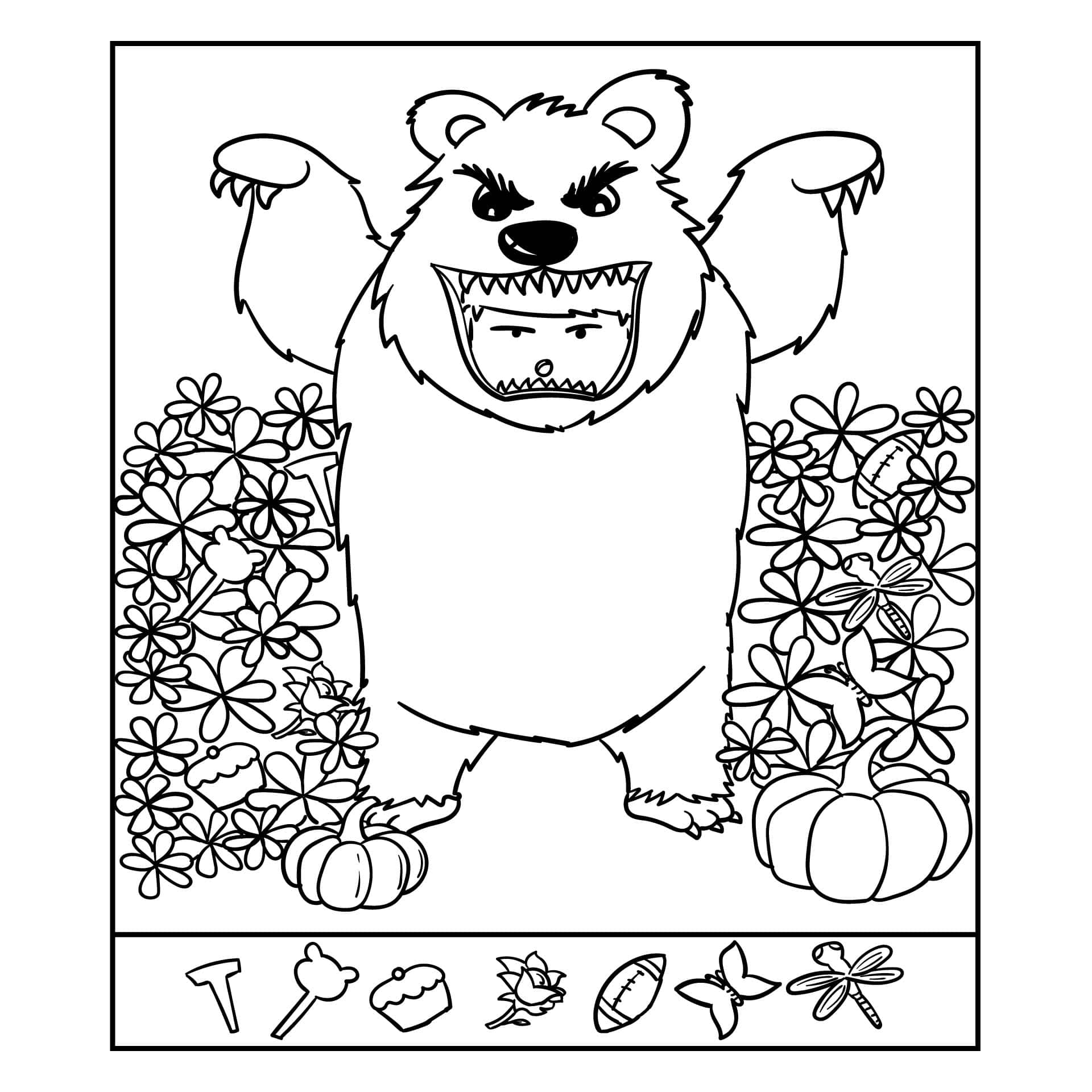 Halloween Puzzles 桌布 壁紙 — 一隻帶有憤怒表情的卡通熊站在花朵和南瓜之間，採用黑白填色書風格。
