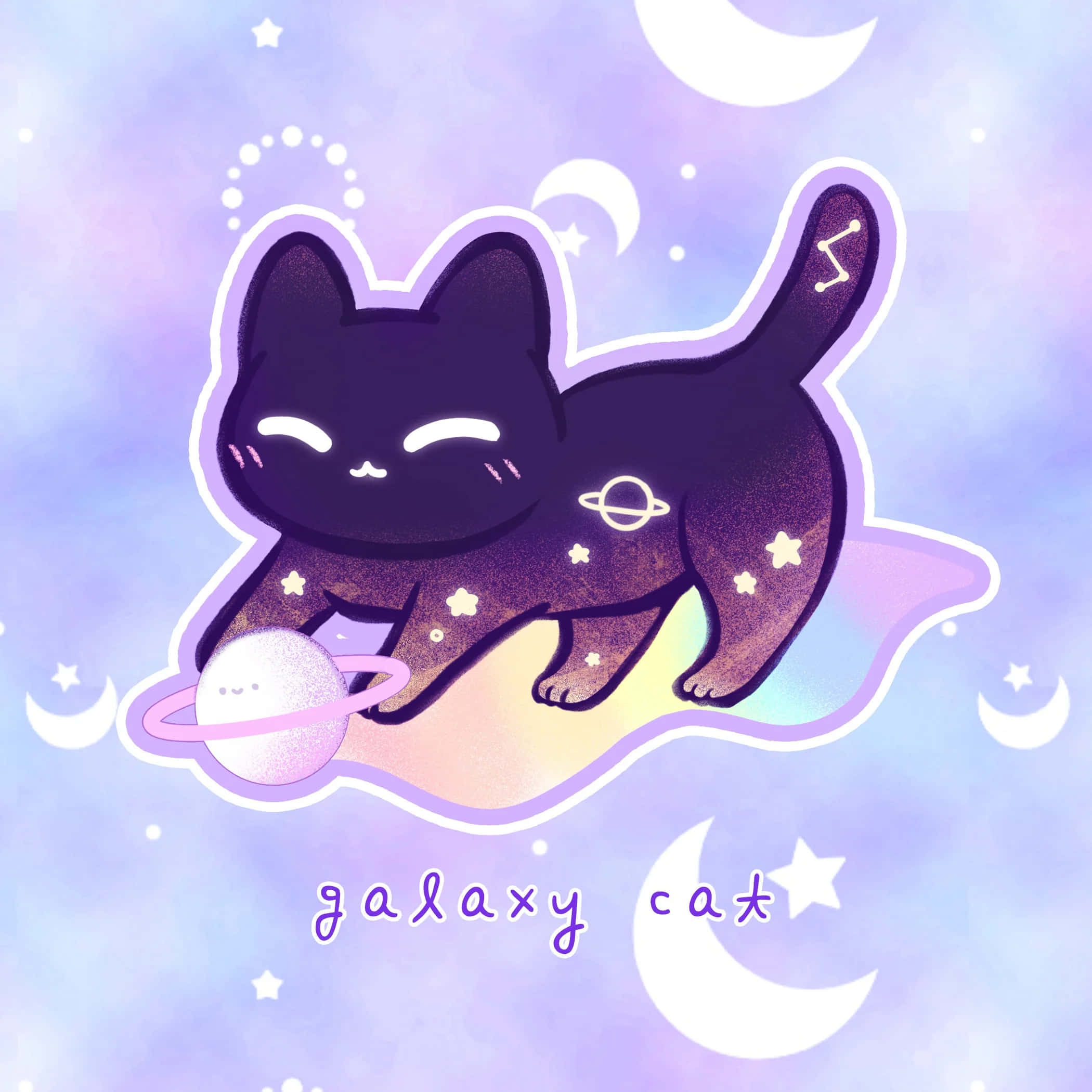 Kawaii Space 桌布 壁紙 — 一隻帶有星星圖案的可愛黑貓躺在彩虹雲上，抱著一個微笑的行星，背景是粉彩宇宙天空。