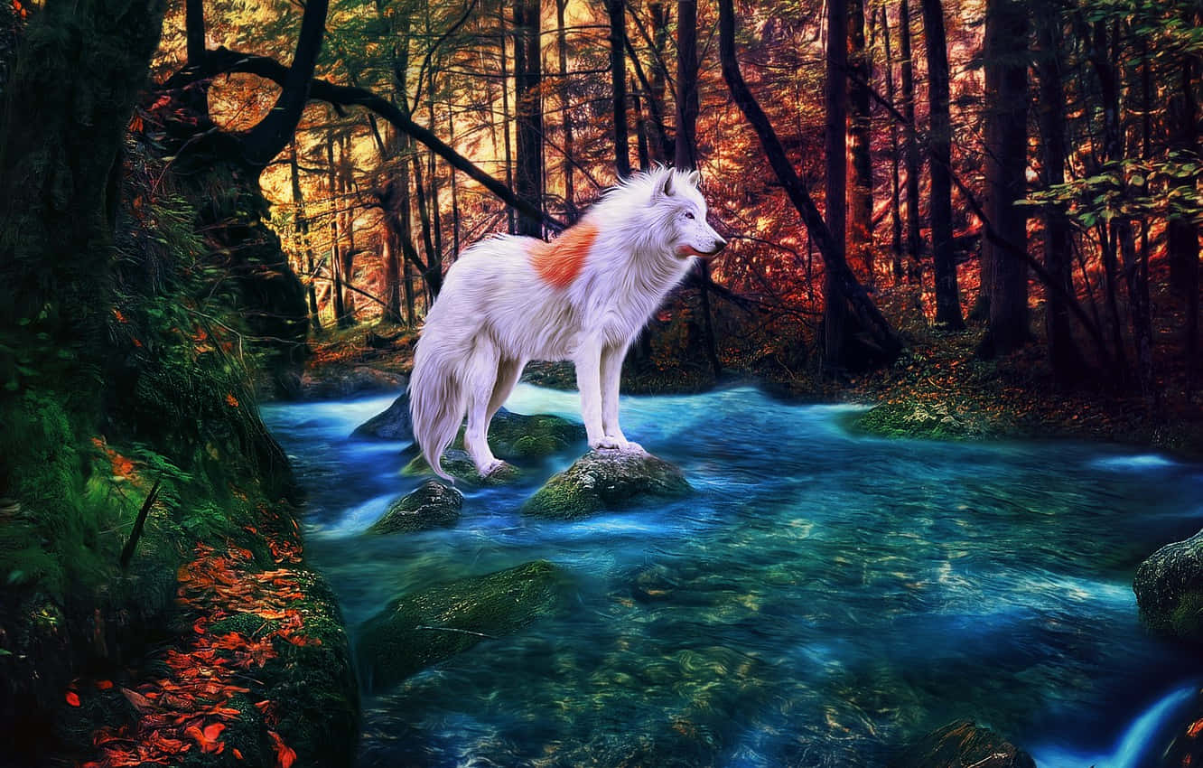 White Wolf 桌布 壁紙 — 一隻帶有橙色斑紋的雄偉白狼，站在一條蜿蜒穿過充滿活力的秋日森林的發光藍色溪流中的岩石上。