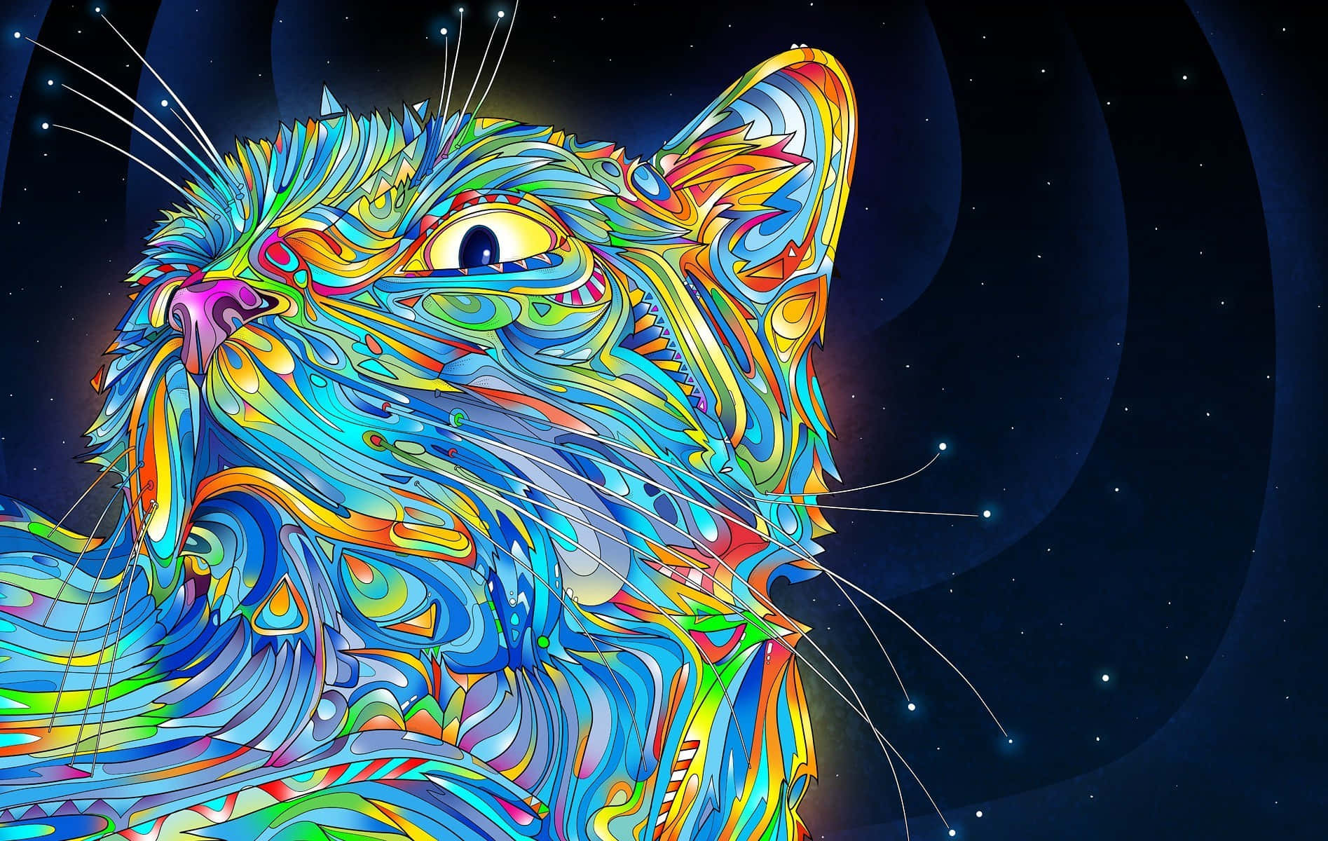 Psychedelic 3d Art 桌布 壁紙 — 一隻帶有漩渦彩虹圖案的迷幻貓咪，在星光宇宙背景下向上凝視。