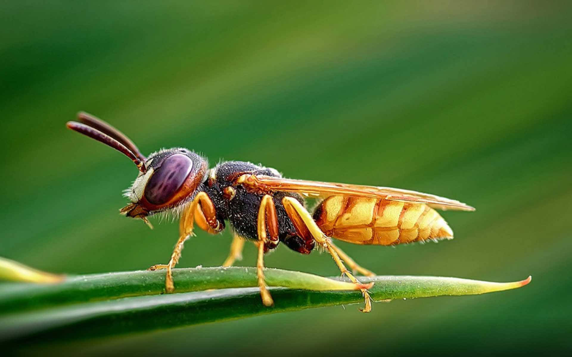 Insect 桌布 壁紙 — 一隻帶有琥珀色和黑色條紋的黃蜂的特寫，棲息在一片鮮綠色的葉子上，背景是模糊的自然景色。