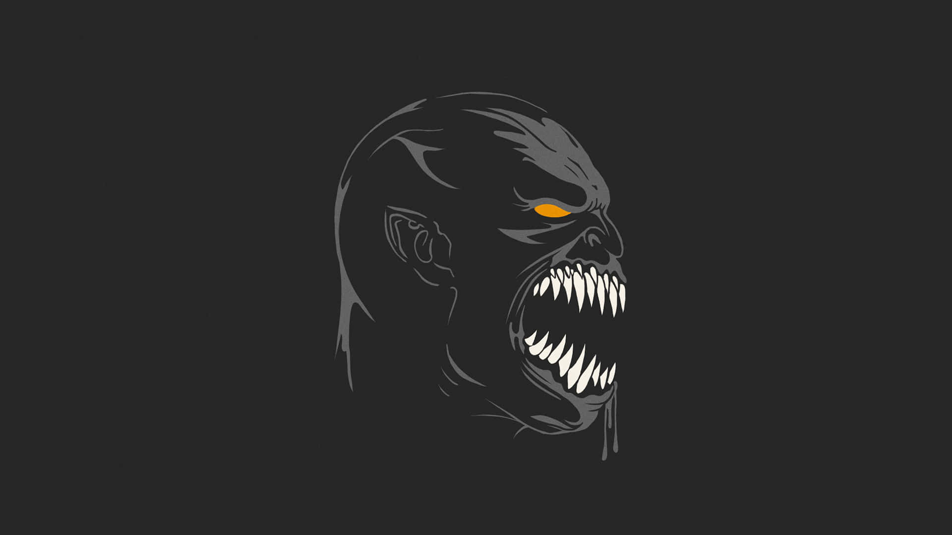 Mortal Kombat Baraka 桌布 壁紙 — 一隻帶有發光橙色眼睛和尖銳牙齒的威脅性灰色怪物，在黑暗背景中露出獠牙。