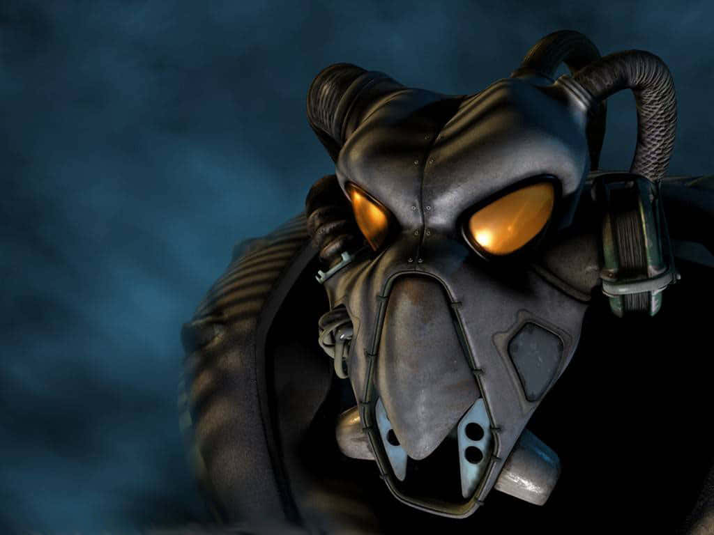 Fallout Characters 桌布 壁紙 — 一隻帶有發光橙色眼睛的威脅性裝甲老鼠，在深藍色煙霧背景中強烈凝視。