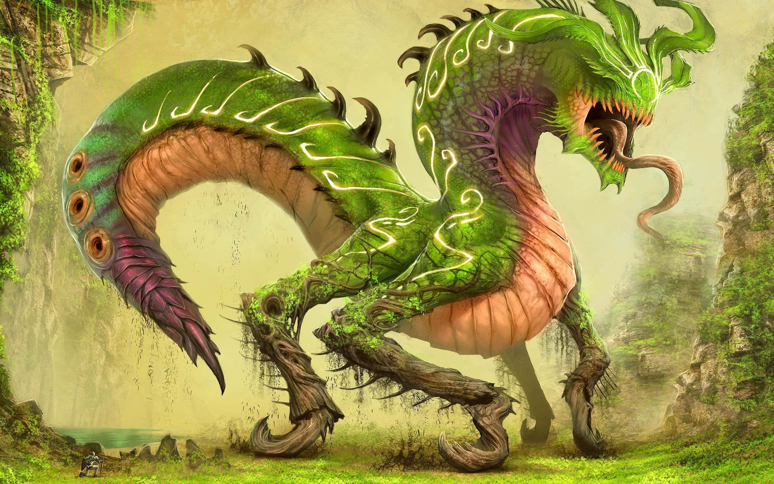 Myths 桌布 壁紙 — 一隻帶有發光白色圖案和樹狀四肢的龐大綠色巨龍在迷霧森林峽谷中咆哮。