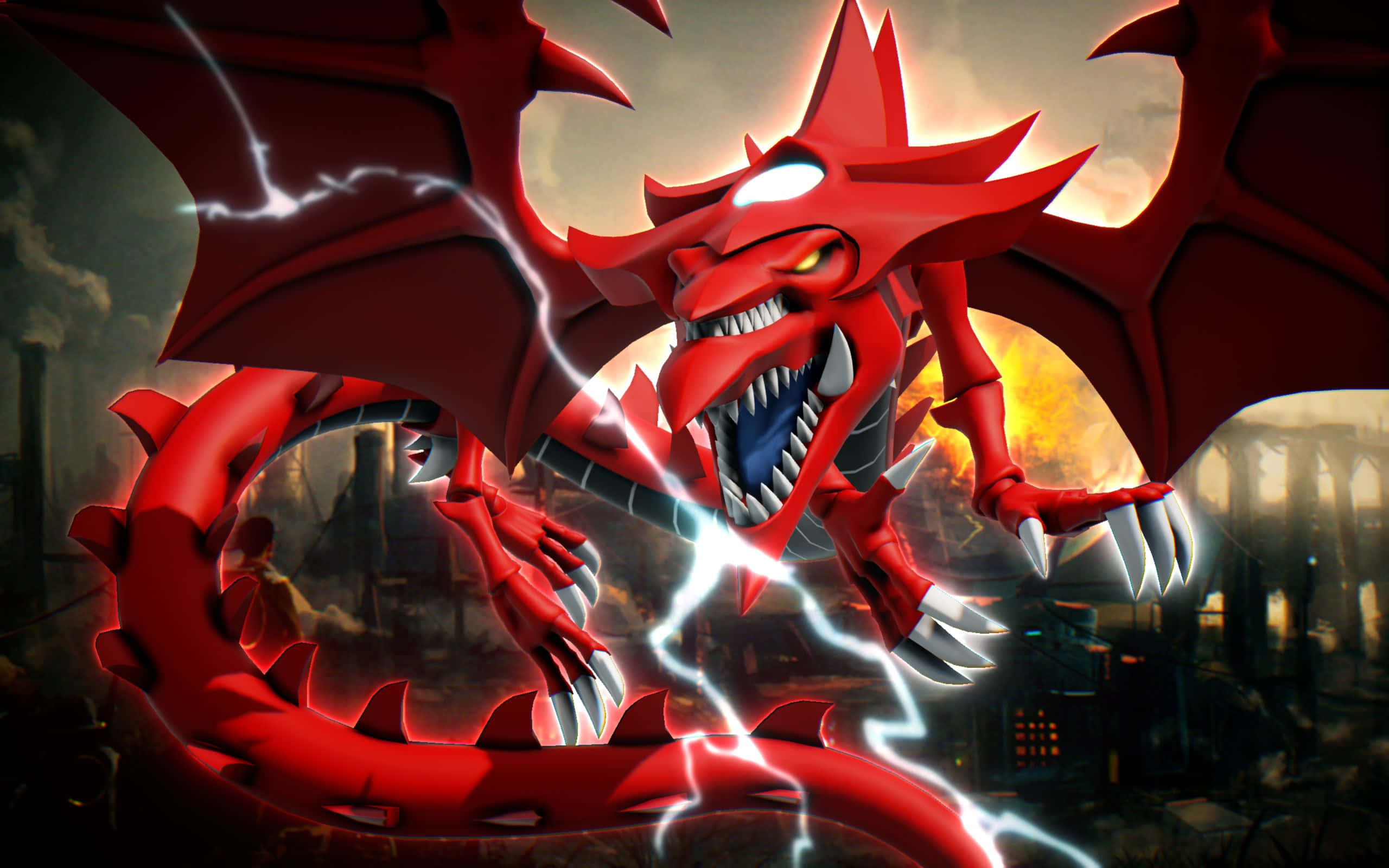 Yugioh Dragons 桌布 壁紙 — 一隻帶有發光眼睛和周圍閃電噼啪作響的威脅性紅龍，在日落時分的廢墟城市景觀上咆哮。