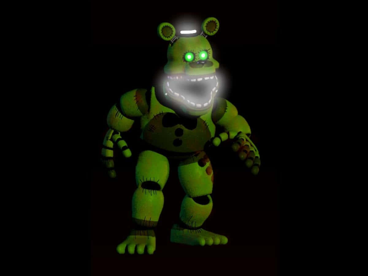 Dreadbear 桌布 壁紙 — 一隻帶有發光眼睛和寬闊露齒笑容的威脅性綠色電子熊站在黑暗中。