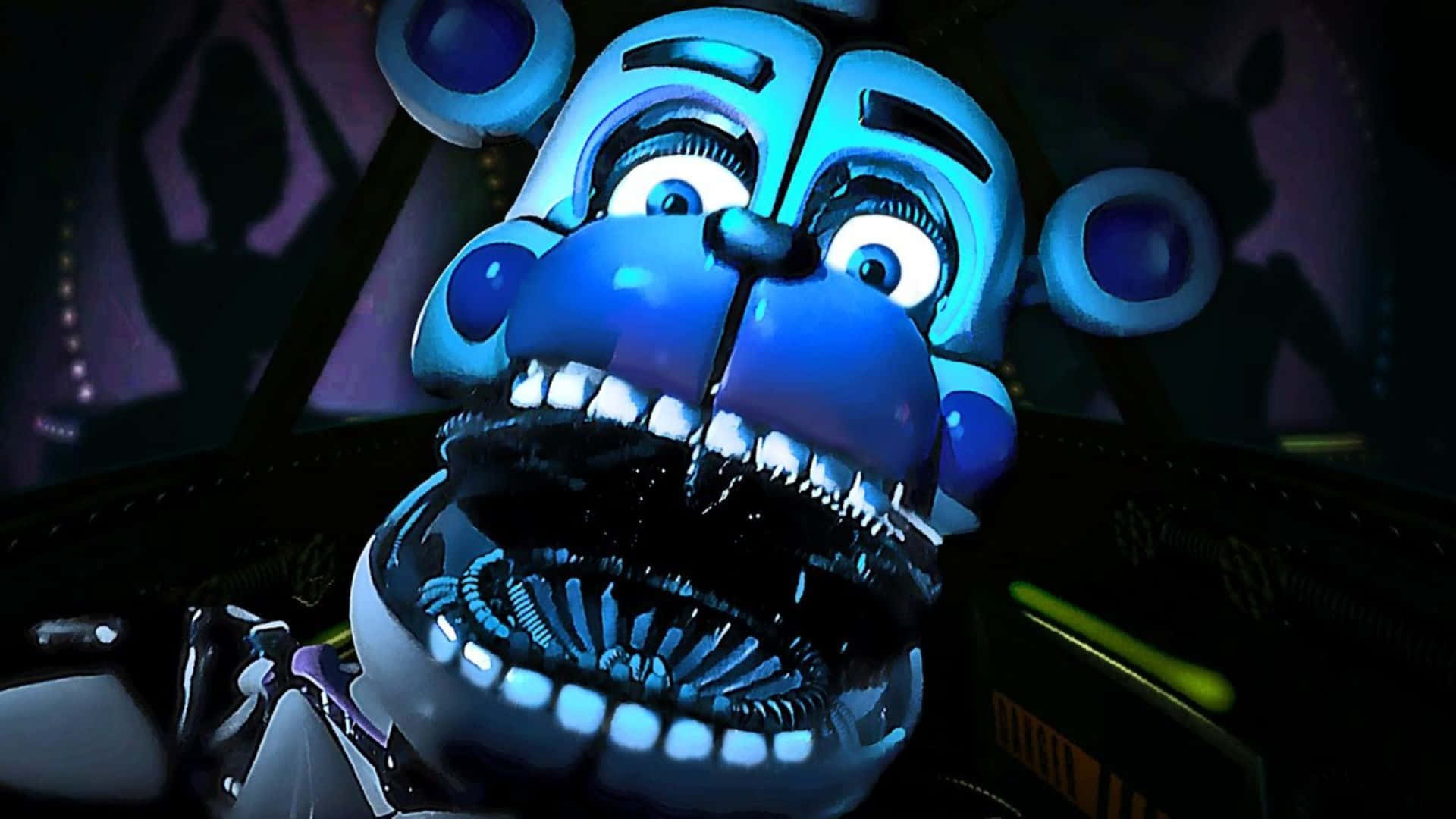 Fnaf Sister Location 桌布 壁紙 — 一隻帶有發光眼睛和尖銳牙齒的威脅性藍色電子熊，在黑暗的工業環境中凝視著。