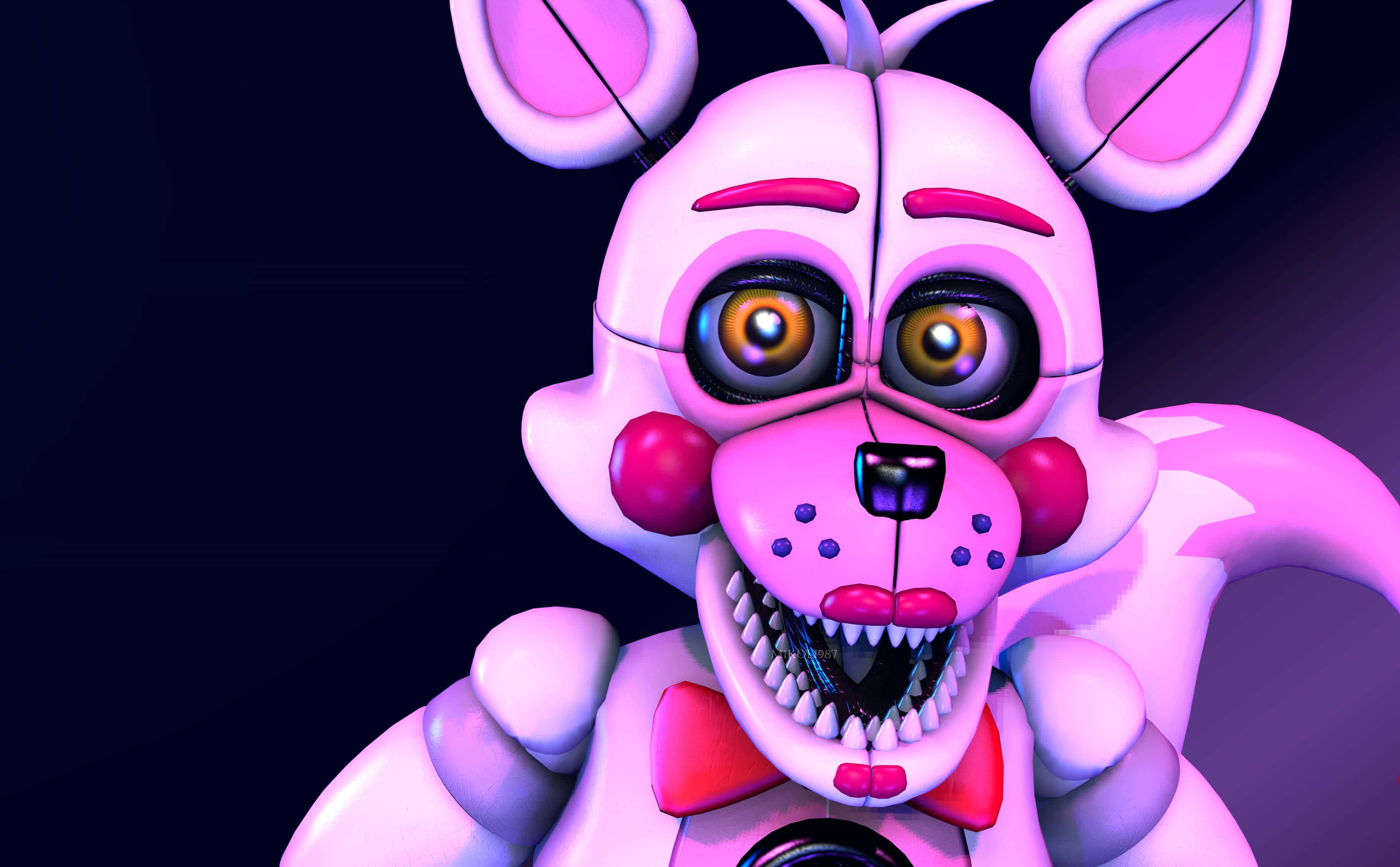 Funtime Foxy 桌布 壁紙 — 一隻帶有發光眼睛和尖銳牙齒的威脅性粉紅色電子動畫兔子，在黑暗背景下強烈凝視。