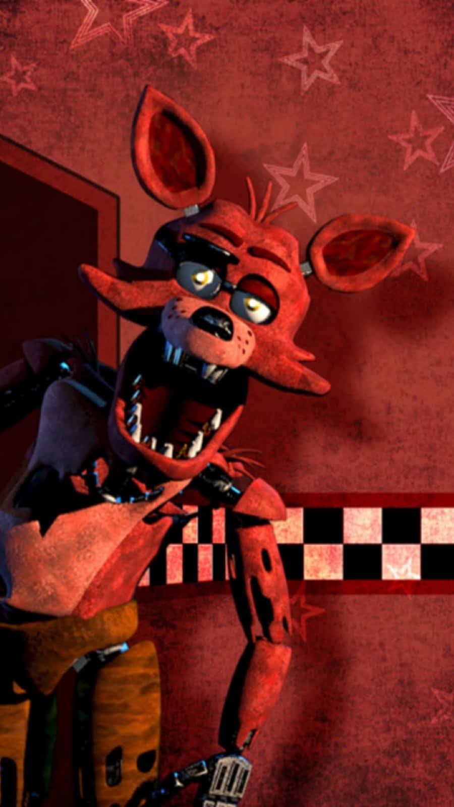 Foxy The Pirate 桌布 壁紙 — 一隻帶有發光眼睛和尖銳牙齒的威脅性紅色電子動畫狐狸，站在帶有星星圖案和格子條紋的紅色牆壁前。