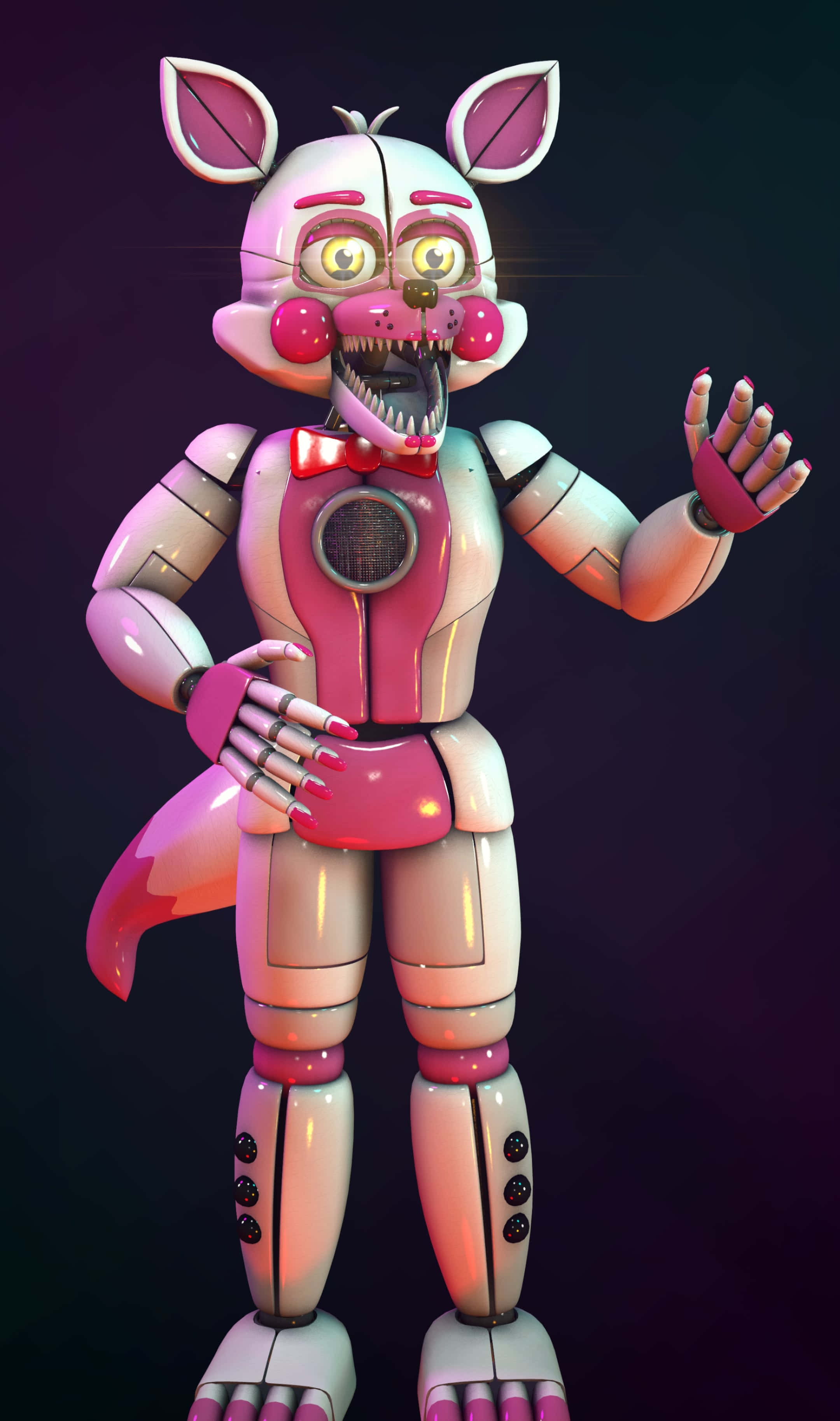 Funtime Foxy 桌布 壁紙 — 一隻帶有發光眼睛和尖銳牙齒的威脅性粉紅色電子動畫狐狸，站在深色漸變背景前。