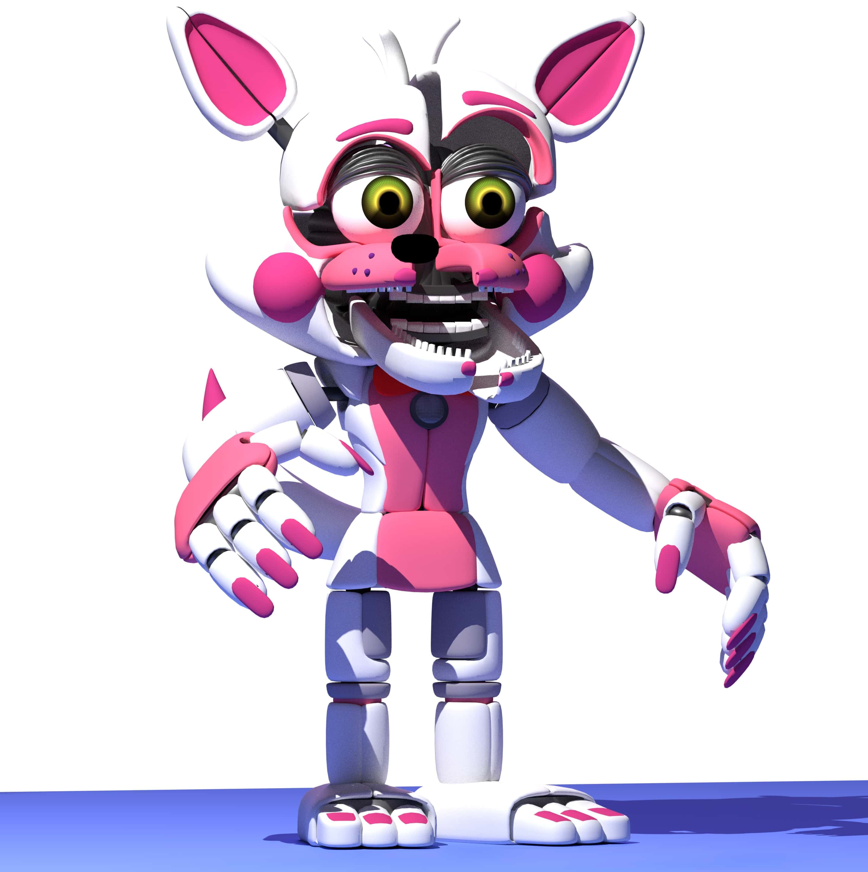 Funtime Foxy 桌布 壁紙 — 一隻帶有發光眼睛和尖銳牙齒的威脅性粉紅色和白色電子動畫狐狸，站在純白色背景前。