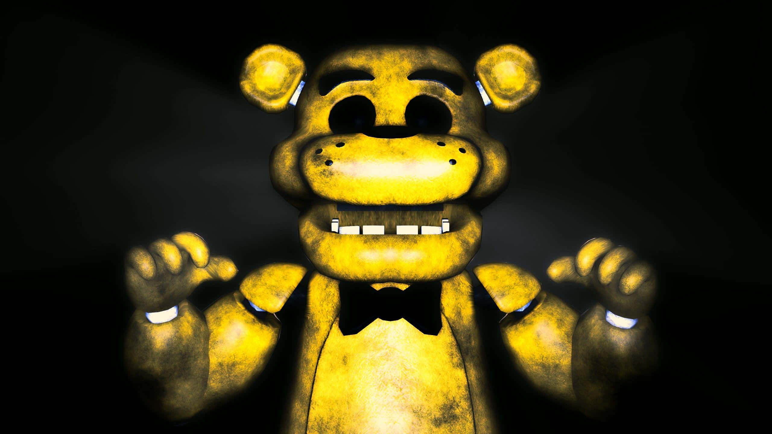 Golden Freddy 桌布 壁紙 — 一隻帶有發光眼睛和尖銳牙齒的威脅性黃色電子熊，站在黑暗背景前。