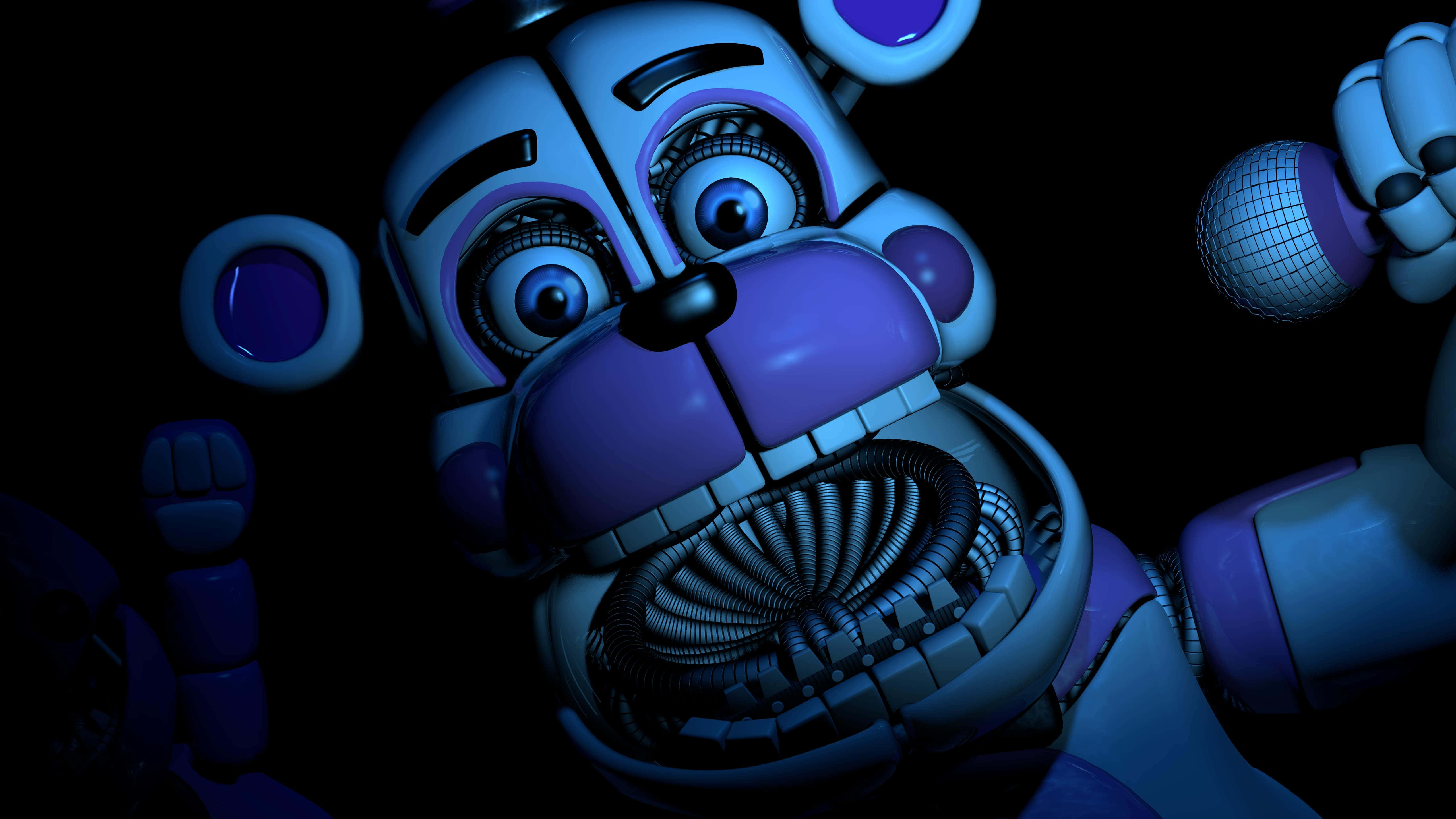 Funtime Freddy 桌布 壁紙 — 一隻帶有發光眼睛和暴露機械牙齒的威脅性紫色電子熊，在黑色背景下強烈凝視。