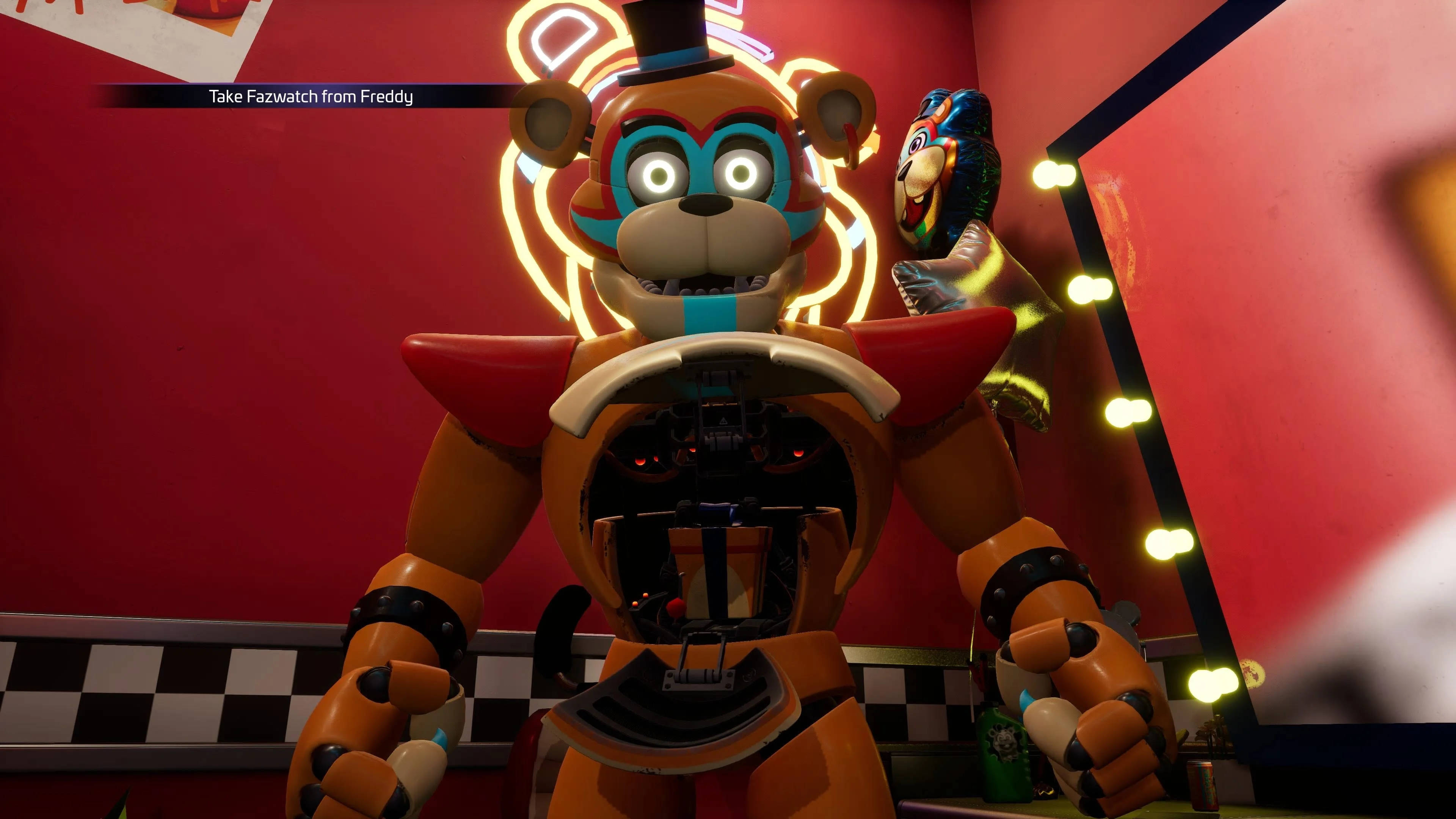 fnaf 桌布 壁紙 — 一隻帶有發光眼睛和暴露齒輪的威脅性電子動畫熊，站在一個紅色燈光、霓虹燈的遊戲機房中。