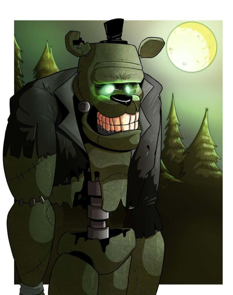 Dreadbear 桌布 壁紙 — 一隻帶有發光眼睛和禮帽的綠色恐怖電子熊，站在滿月下的森林中。