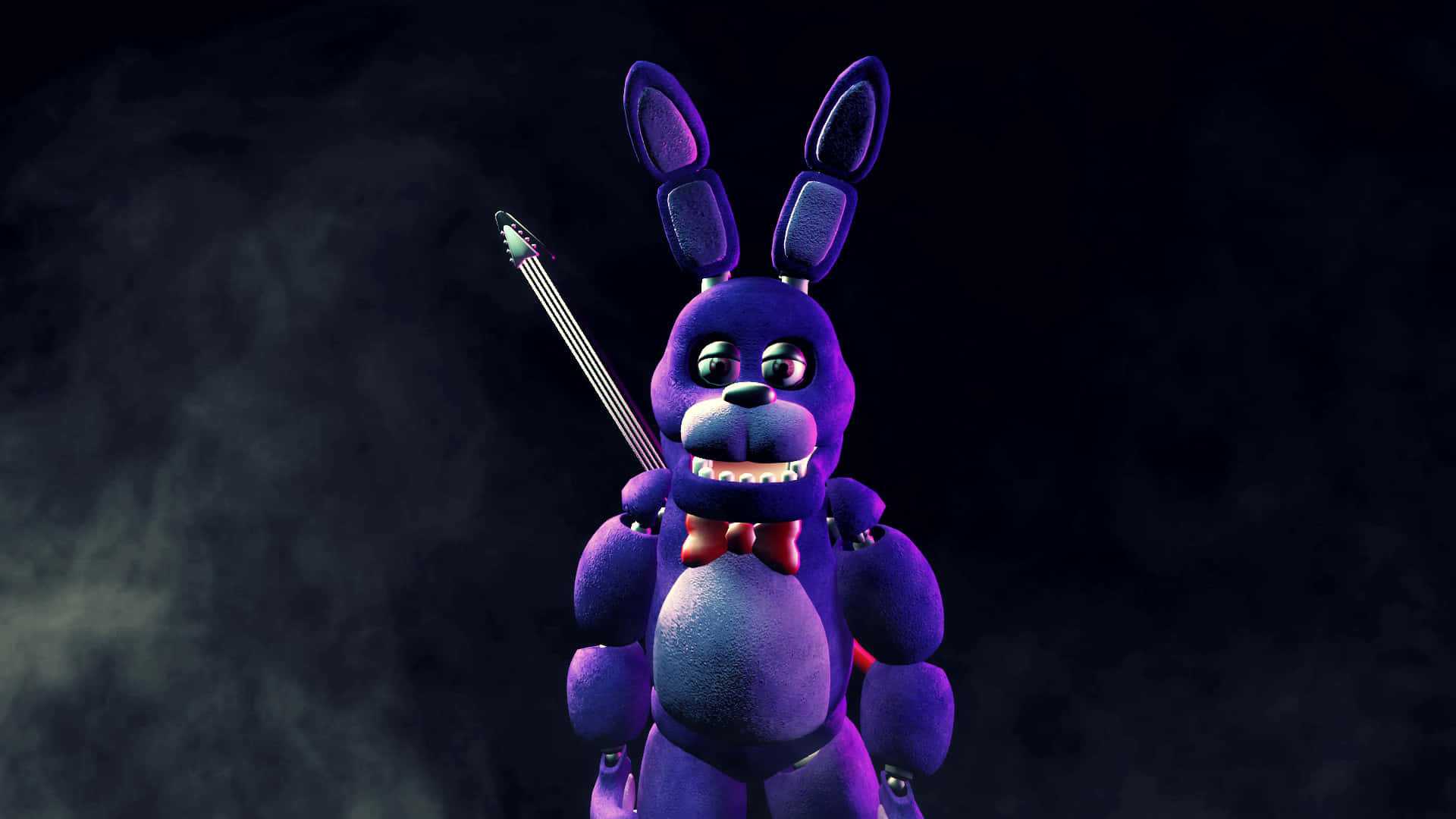 Bonnie The Bunny 桌布 壁紙 — 一隻帶有發光眼睛和紅色蝴蝶結的紫色兔子機械人，在煙霧瀰漫的黑暗背景中手持一把刀。