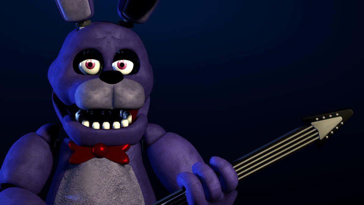 Bonnie The Bunny 桌布 壁紙 — 一隻帶有發光眼睛和紅色領結的威脅性紫色電子兔，在深藍色背景前拿著一把黑色結他。