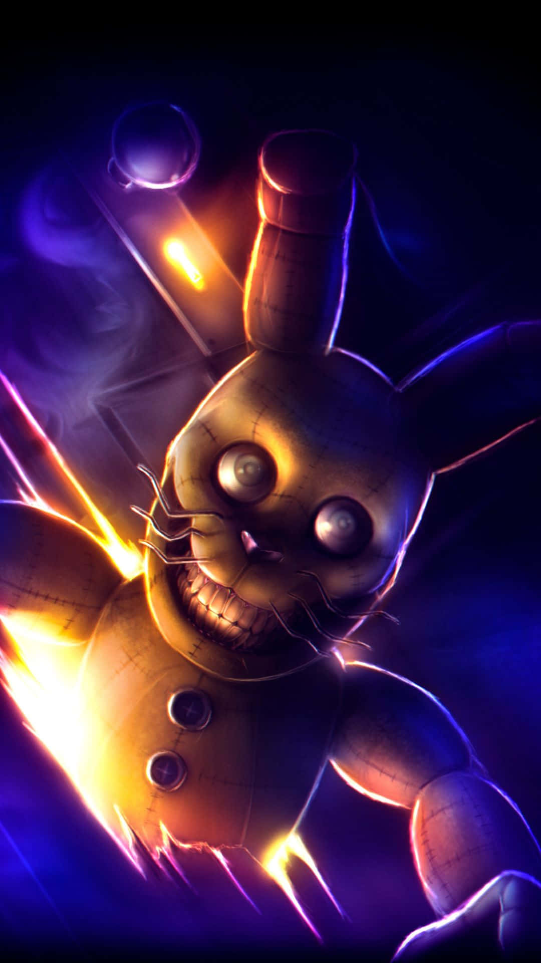 Fazbear Frights 桌布 壁紙 — 一隻帶有發光眼睛和縫合嘴巴的威脅性電子動畫兔子，在深紫色背景下散發出詭異的光芒。