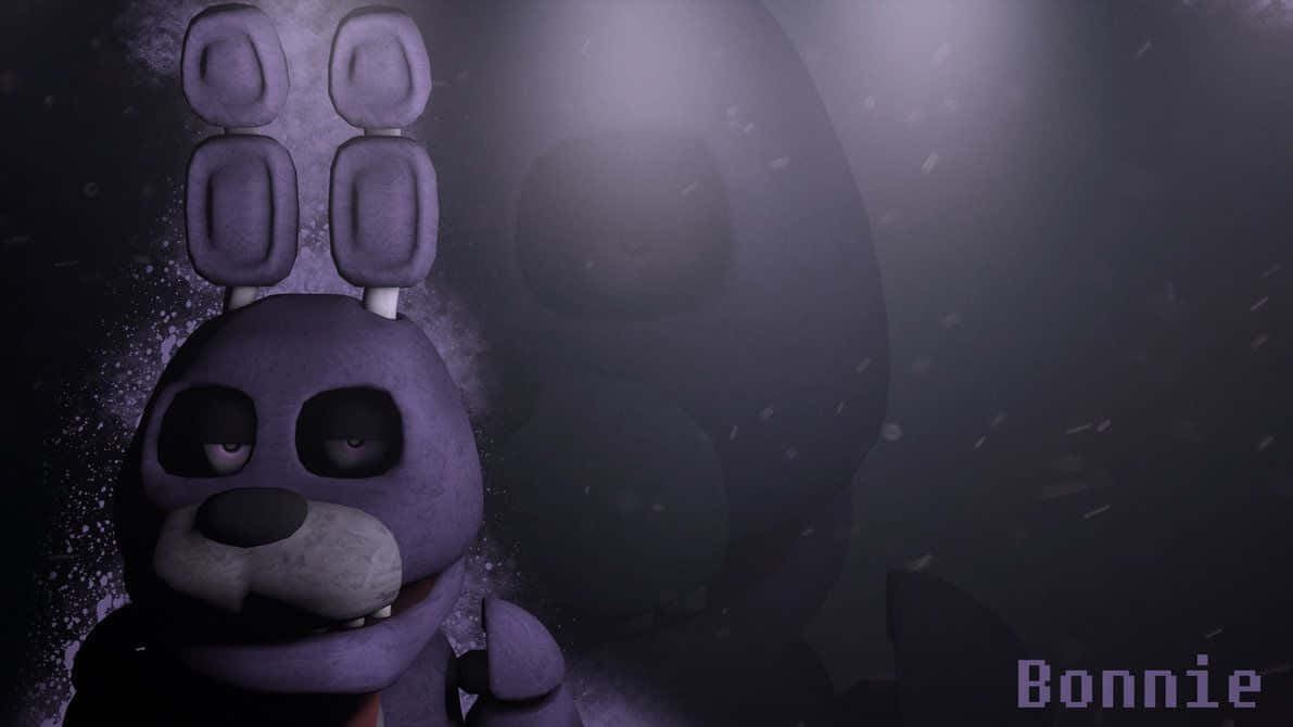 Bonnie The Bunny 桌布 壁紙 — 一隻帶有發光眼睛和裂開嘴巴的紫色恐怖電子兔，站在一個充滿漂浮粒子的黑暗霧氣房間中。