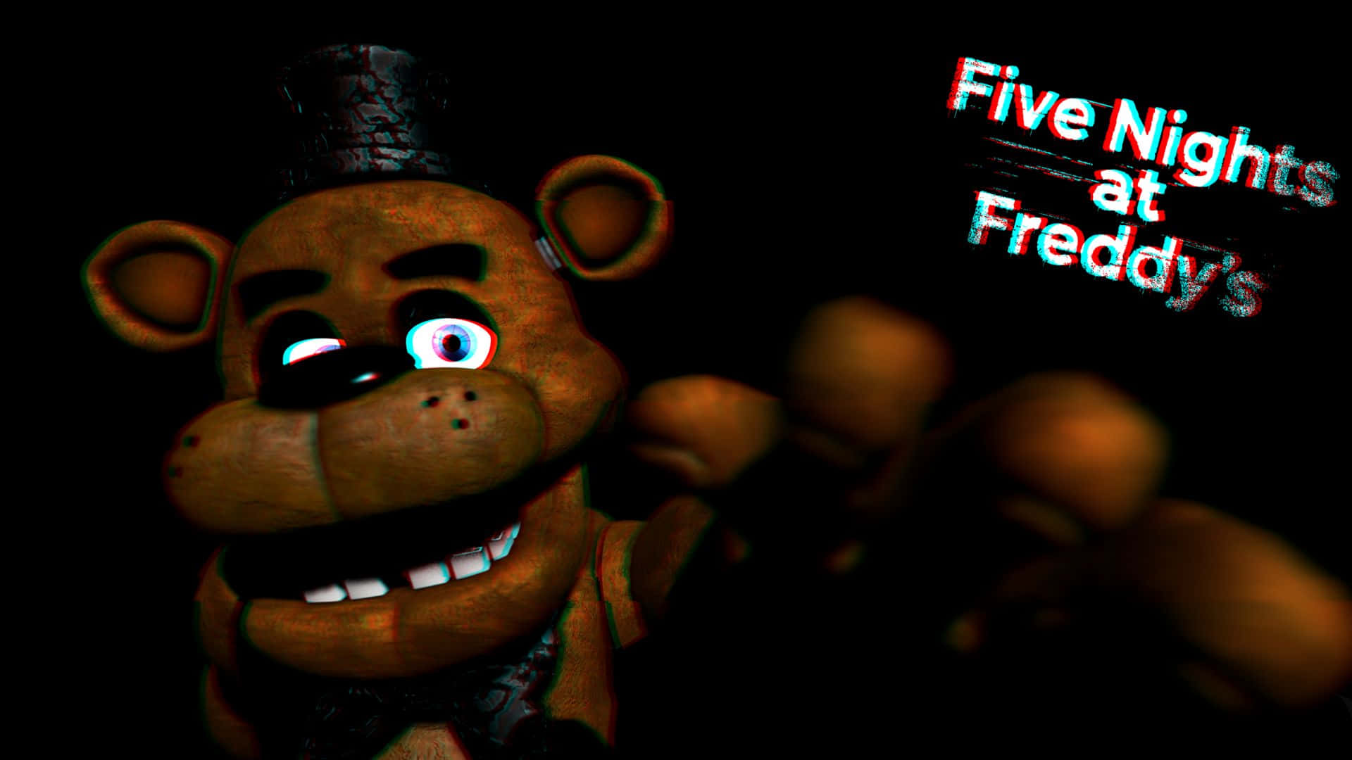 Fnaf Jumpscare 桌布 壁紙 — 一隻帶有發光眼睛和高帽的威脅性電子熊在黑暗中潛伏，並帶有「Five Nights at Freddy's」文字。