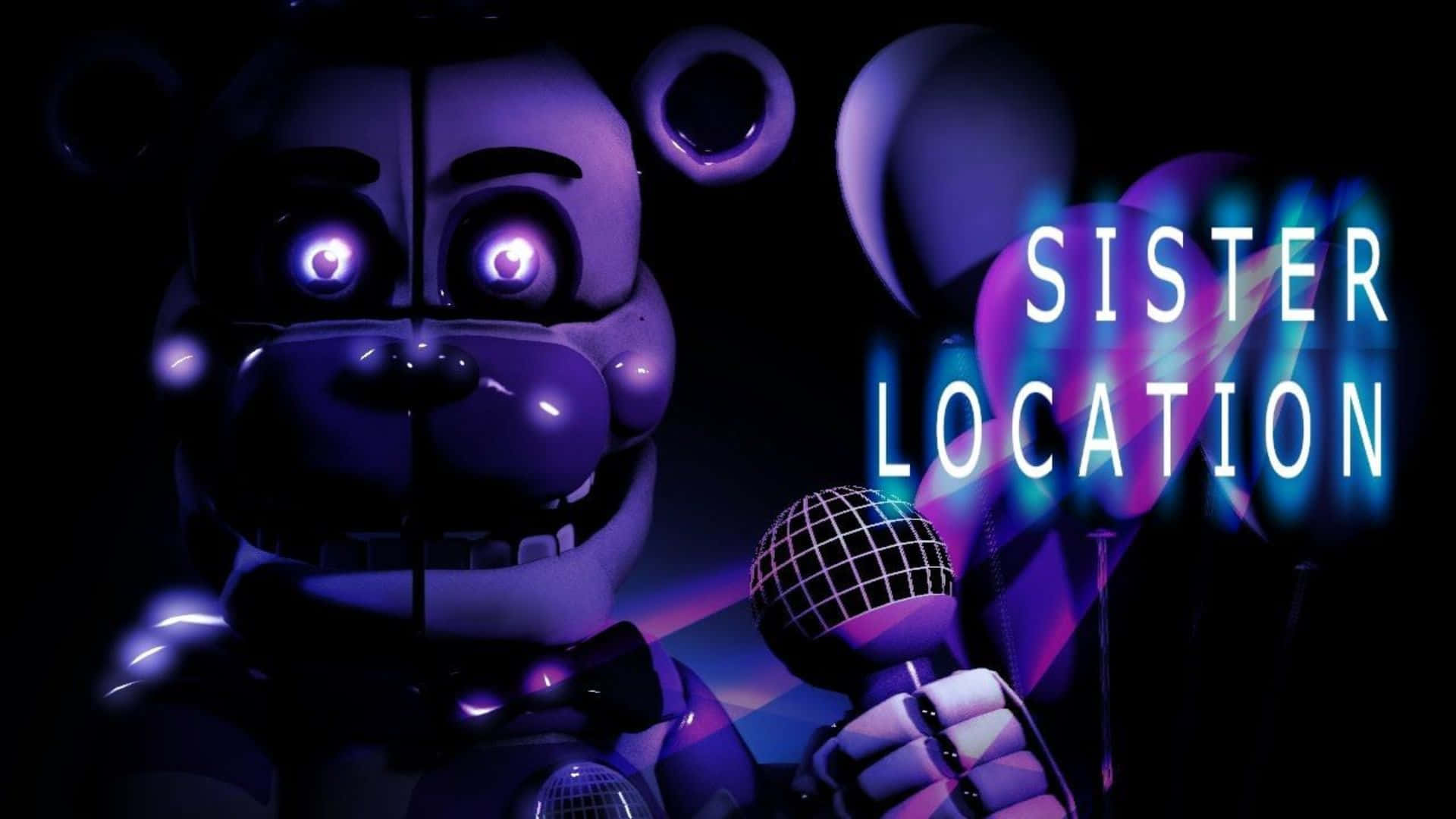 Fnaf Sister Location 桌布 壁紙 — 一隻帶有發光眼睛的紫色機械熊，在黑暗的霓虹燈背景下，手持麥克風，背景上有「SISTER LOCATION」字樣。