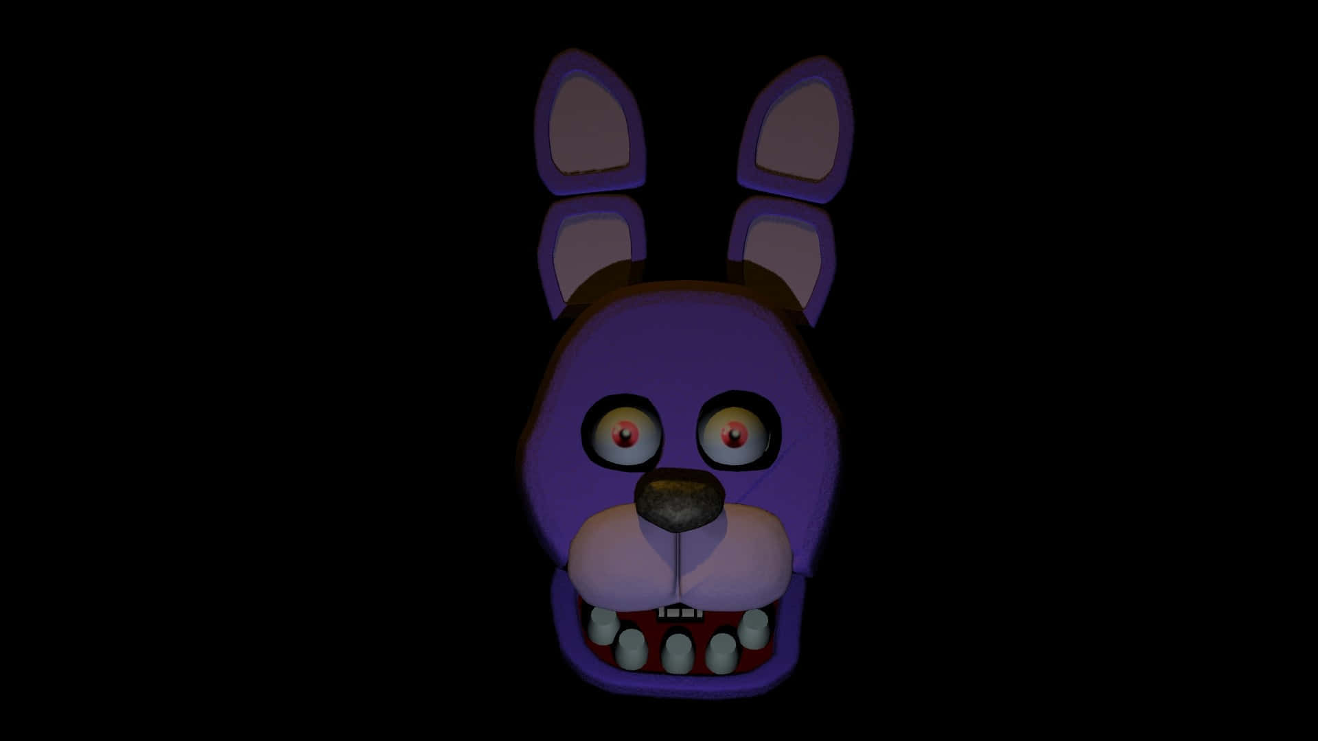 Bonnie The Bunny 桌布 壁紙 — 一隻帶有發光紅眼和尖牙的威脅性紫色兔子機械玩偶，從完全黑暗中凝視著。
