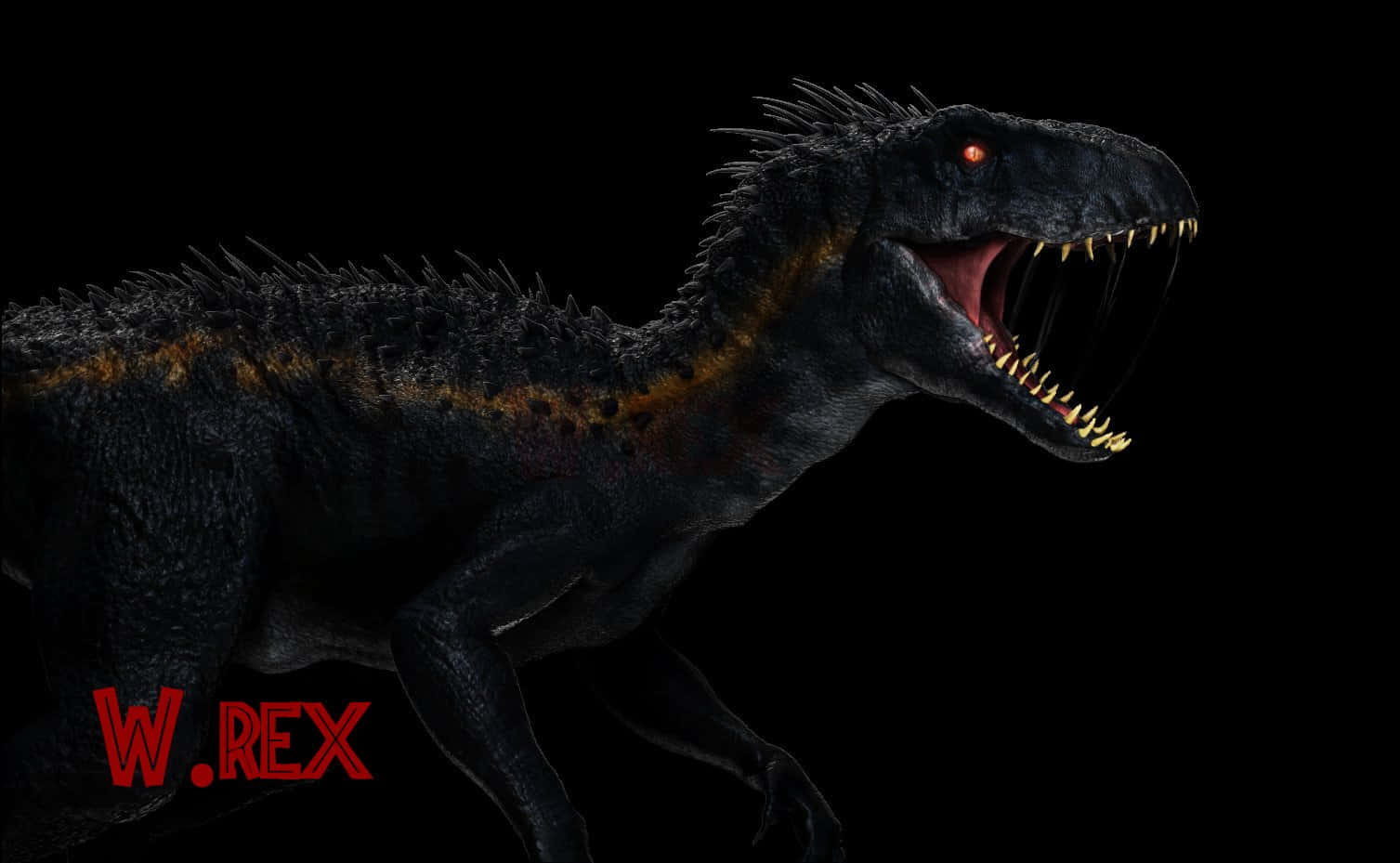Jurassic World 桌布 壁紙 — 一隻帶有發光紅眼和尖銳牙齒的威脅性黑色恐龍，在純黑背景上咆哮。