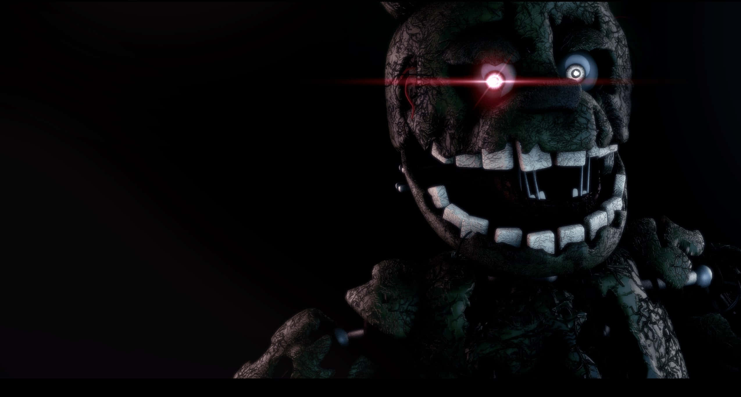 Springtrap 桌布 壁紙 — 一隻帶有發光紅眼和尖銳牙齒的威脅性電子熊，在黑色背景下強烈凝視。