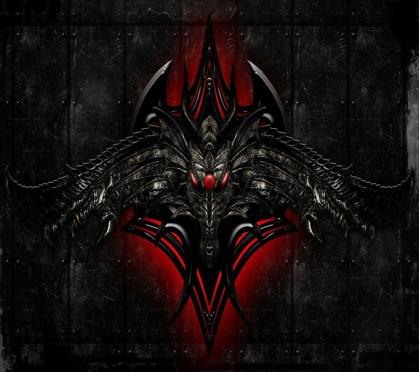 Cool Demon 桌布 壁紙 — 一隻帶有發光紅眼和翅膀的兇猛黑色惡魔龍，在帶有紅色高光的深色紋理背景上展開。