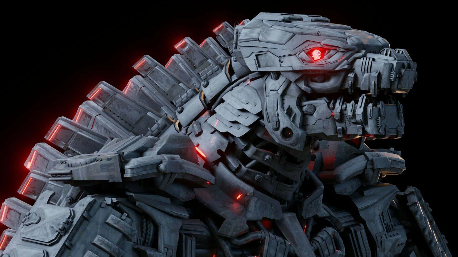 mechagodzilla 桌布 壁紙 — 一隻帶有發光紅眼和脊椎燈的威脅性機械哥斯拉，矗立在黑色虛空中。