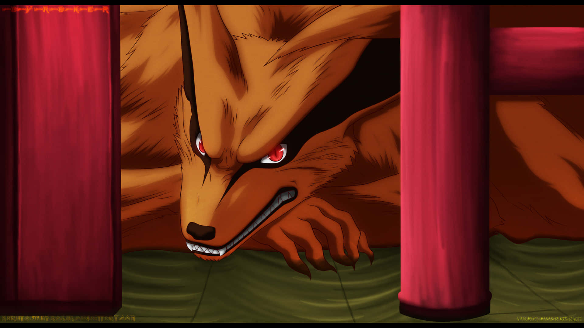 Tailed Beasts 桌布 壁紙 — 一隻帶有發光紅眼的兇猛九尾狐在戲劇性的動漫場景中透過紅色窗簾窺視。