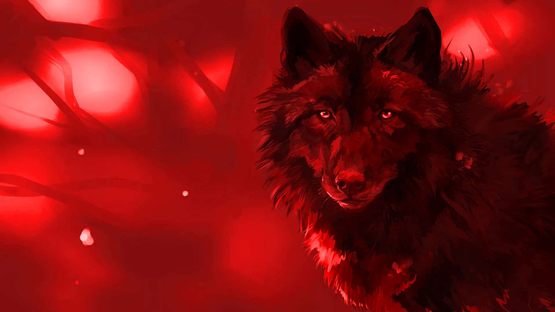 Red Wolf 桌布 壁紙 — 一隻帶有發光紅眼的威脅性狼，透過沐浴在詭異深紅光中的血紅色森林，強烈地凝視著。