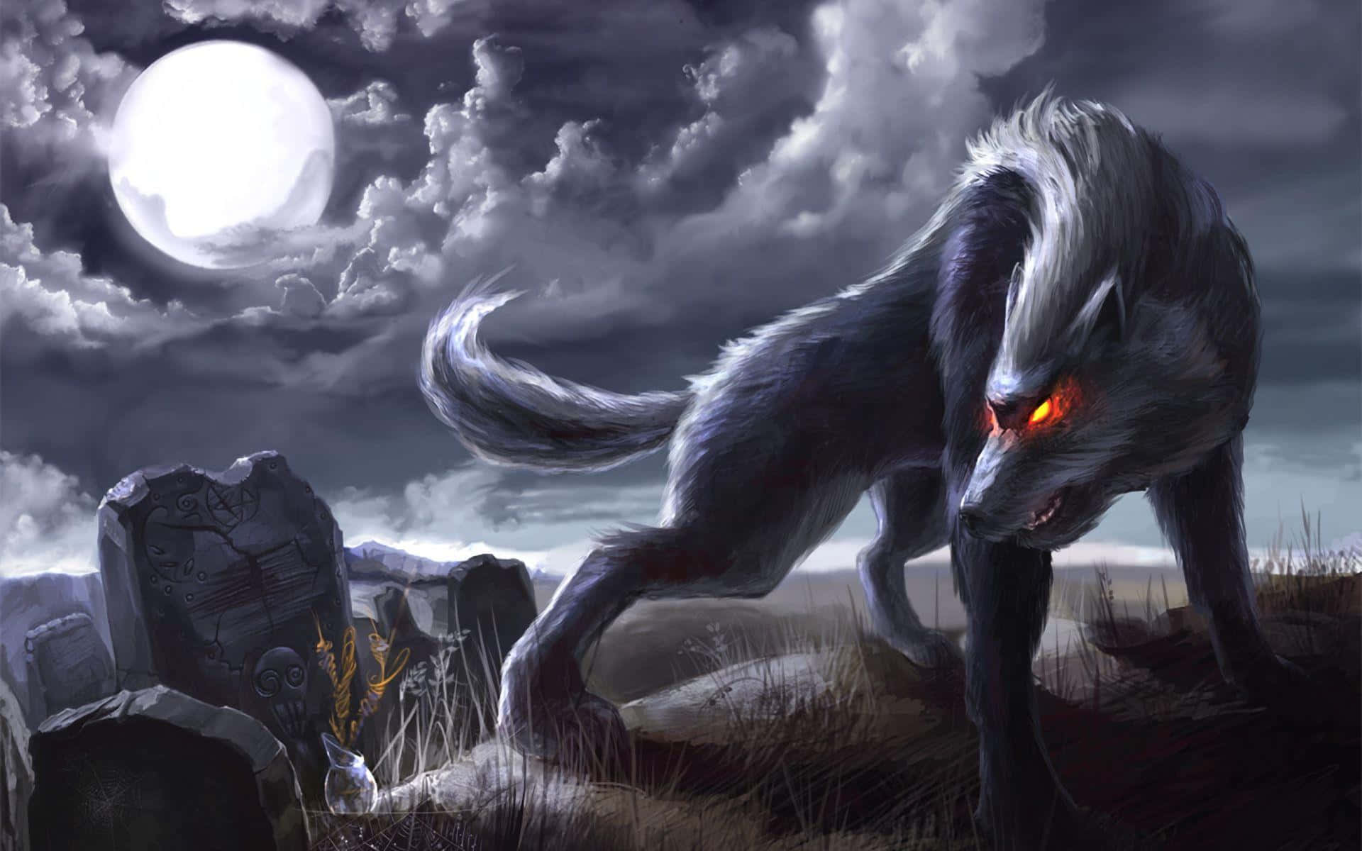 3d Wolf 桌布 壁紙 — 一隻帶有發光紅眼的威脅性狼人在多雲天空下的月光墓園中徘徊。