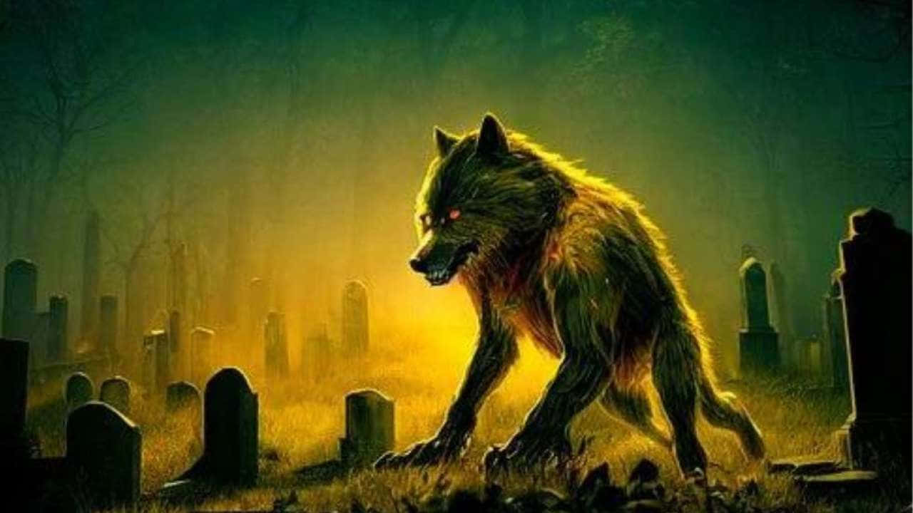 Mythical Wolf 桌布 壁紙 — 一隻帶有發光紅眼的威脅性狼人在迷霧籠罩的墓園中徘徊，沐浴在詭異的金色光芒中。