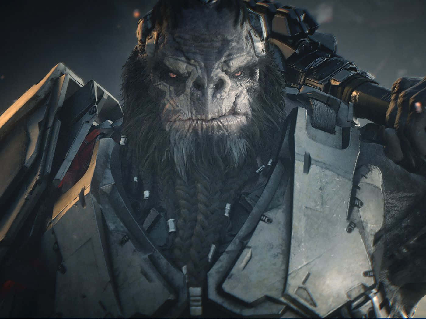 Atriox 桌布 壁紙 — 一隻帶有發光紅眼的威脅性裝甲猿在黑暗、粗糙的科幻場景中強烈凝視。