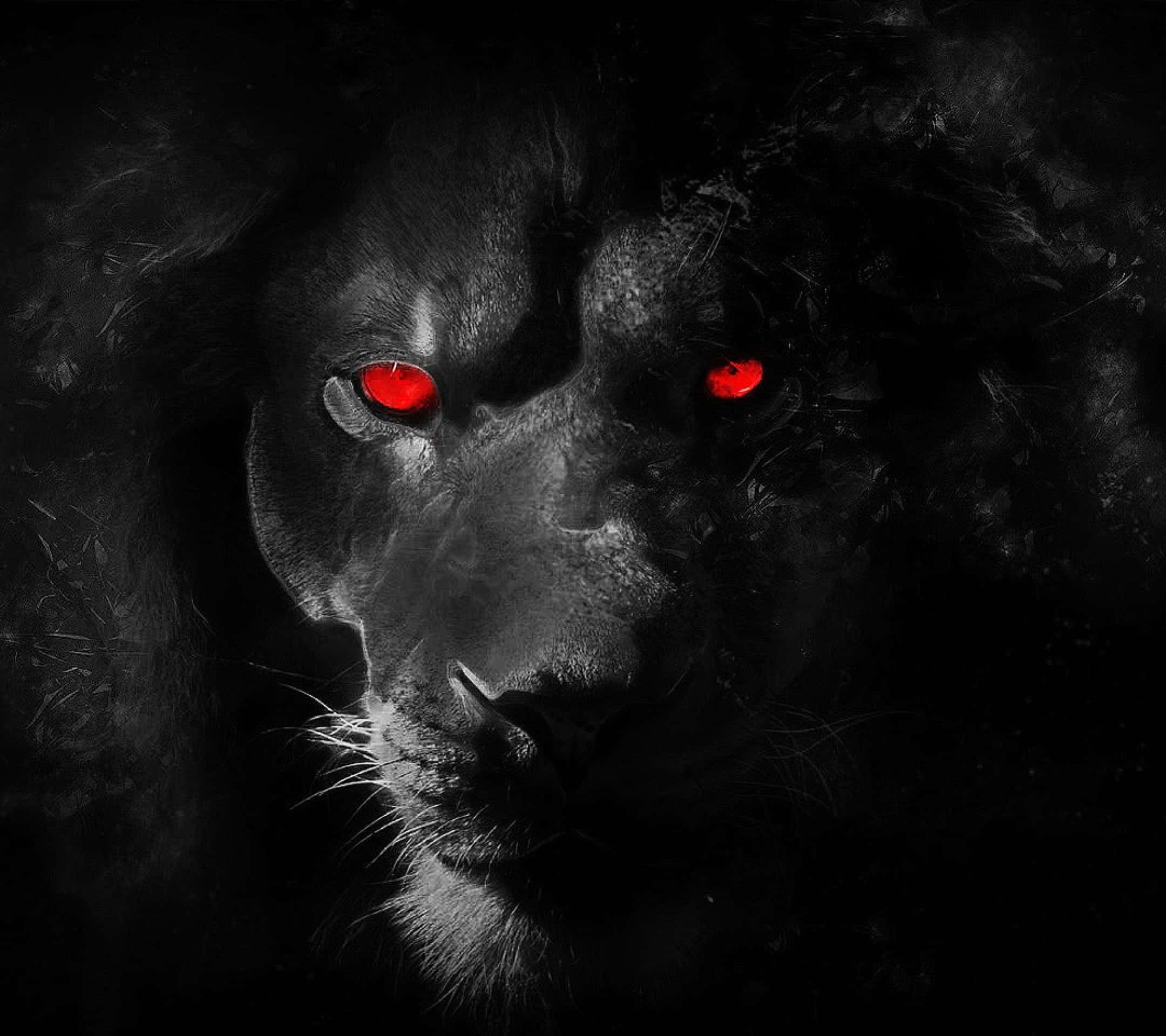 Black Lion 桌布 壁紙 — 一隻帶有發光紅眼的威脅性黑獅，從黑暗煙霧背景中強烈凝視。