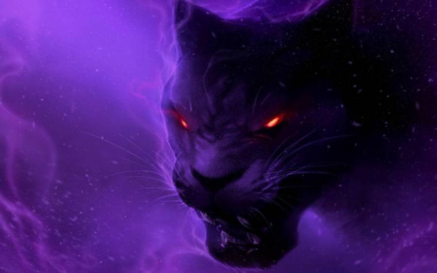 panther 桌布 壁紙 — 一隻帶有發光紅眼的威脅性黑豹從旋轉的宇宙紫色能量中出現，背景是星空虛空。