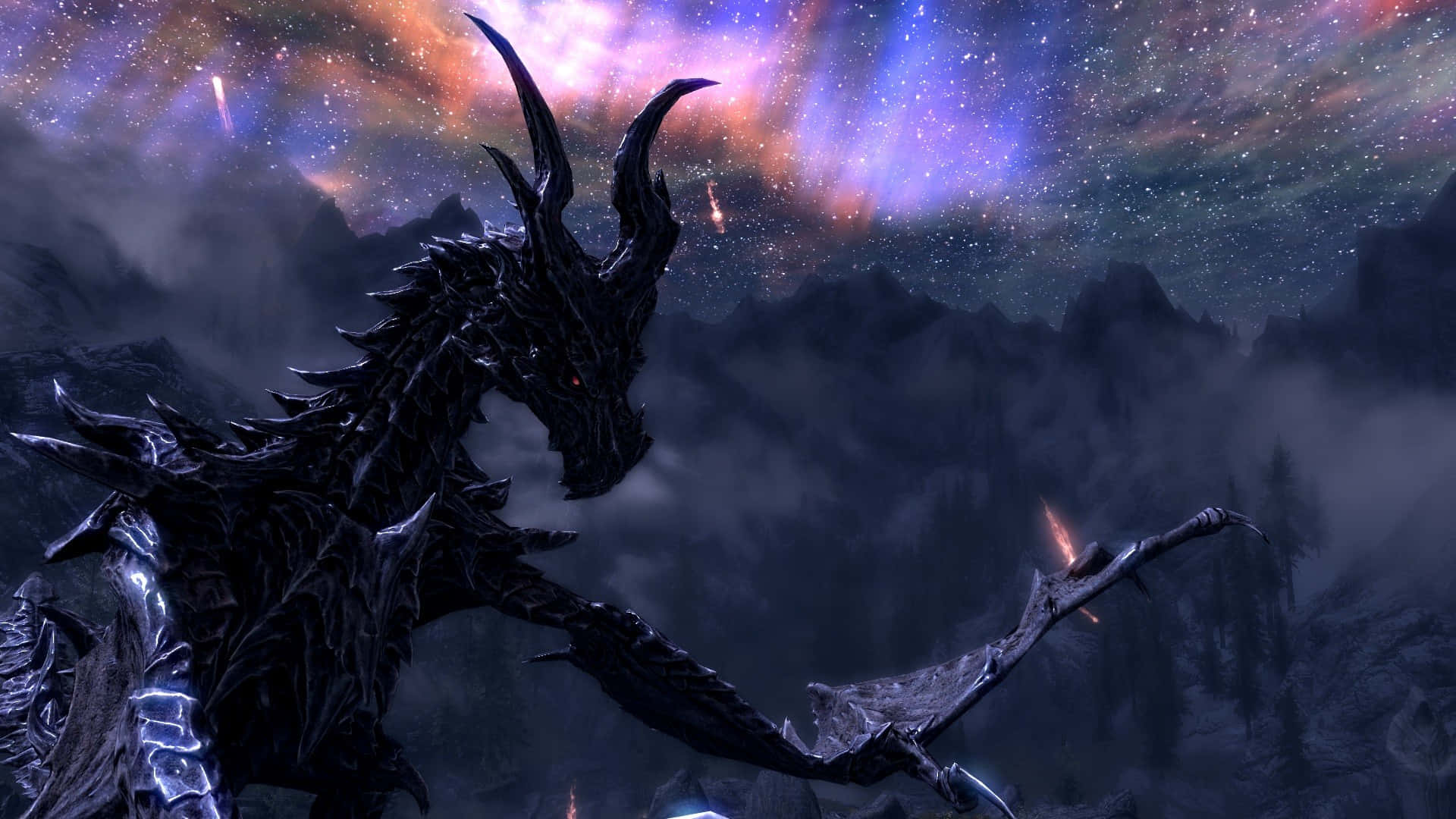 Skyrim Paarthurnax 桌布 壁紙 — 一隻帶有發光紅眼的威脅性黑龍棲息在白雪皚皚的山峰上，背景是充滿活力的宇宙天空。