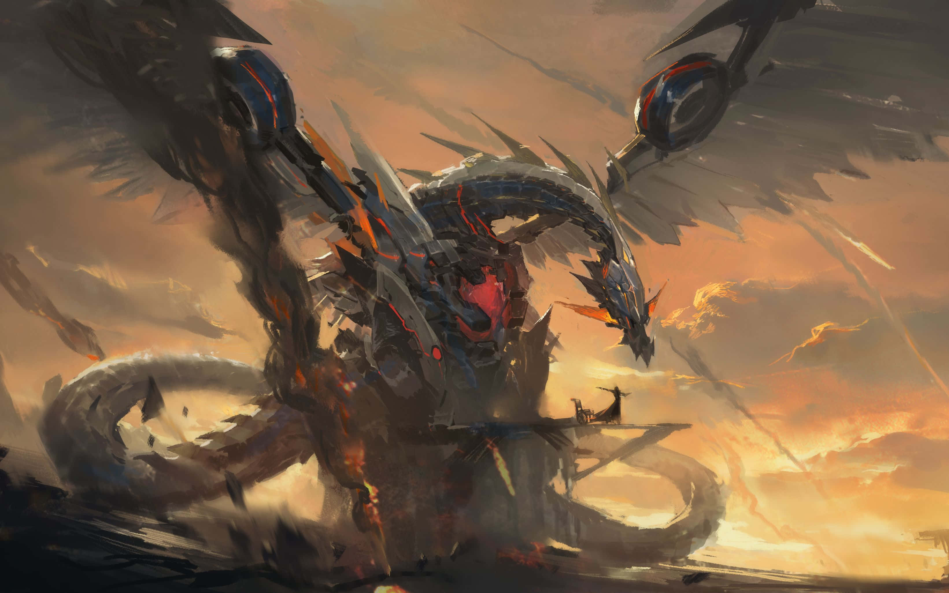 Zane Truesdale 桌布 壁紙 — 一隻帶有發光紅色核心和羽毛翅膀的巨大機械龍，在熾熱的日落天空下咆哮。