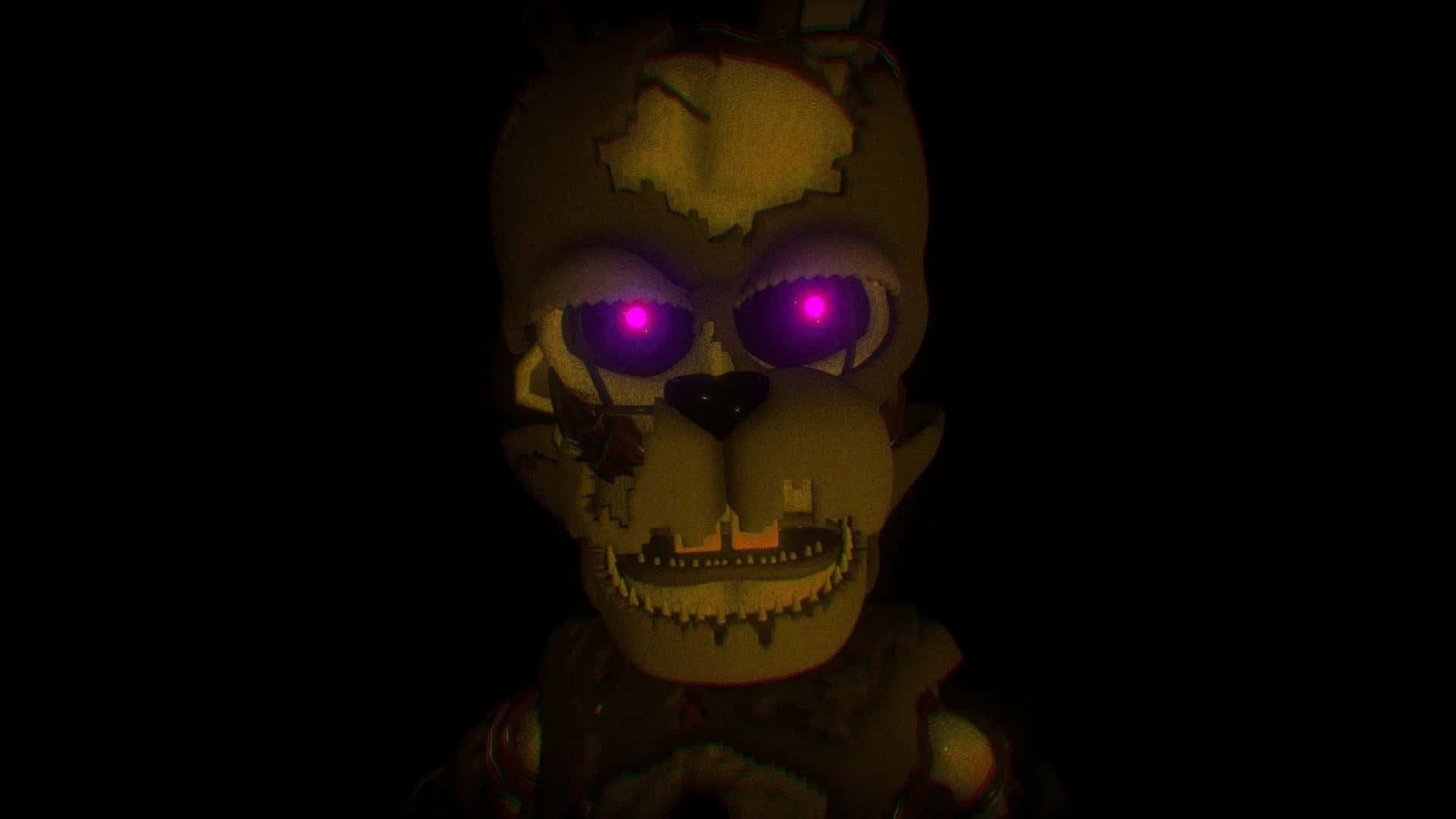 Scraptrap 桌布 壁紙 — 一隻帶有發光紫色眼睛和破爛黃色毛髮的威脅性電子熊從黑暗中凝視。