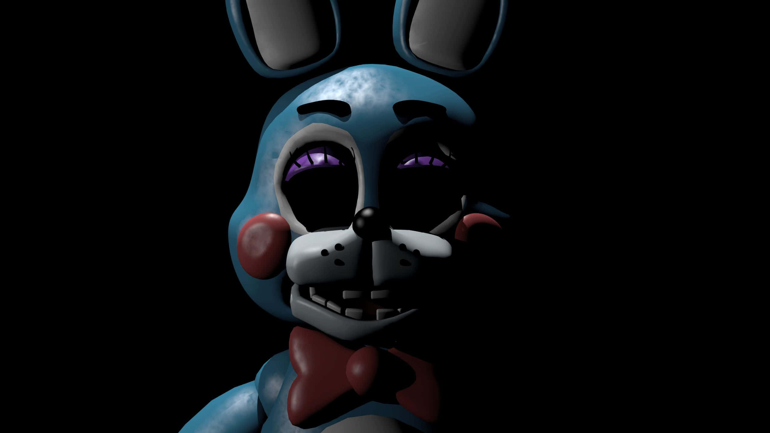 Bonnie The Bunny 桌布 壁紙 — 一隻帶有發光紫色眼睛和邪惡笑容的威脅性藍色兔子機械人偶，背景為黑色。