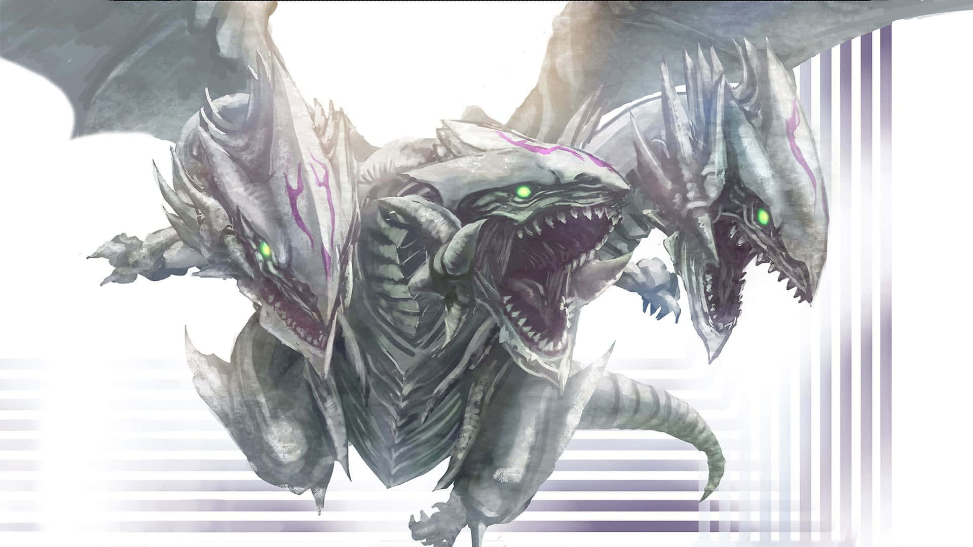 Yugioh Dragons 桌布 壁紙 — 一隻帶有發光綠色眼睛和紫色斑紋的威嚇三頭龍，在明亮的條紋背景上咆哮。