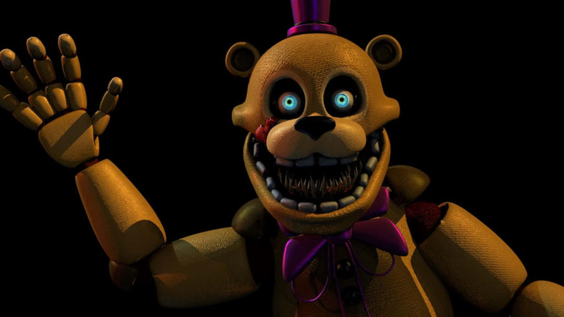 Fazbear Frights 桌布 壁紙 — 一隻帶有發光藍眼睛和咧嘴露齒笑容的威脅性電子熊在黑色背景前揮手。