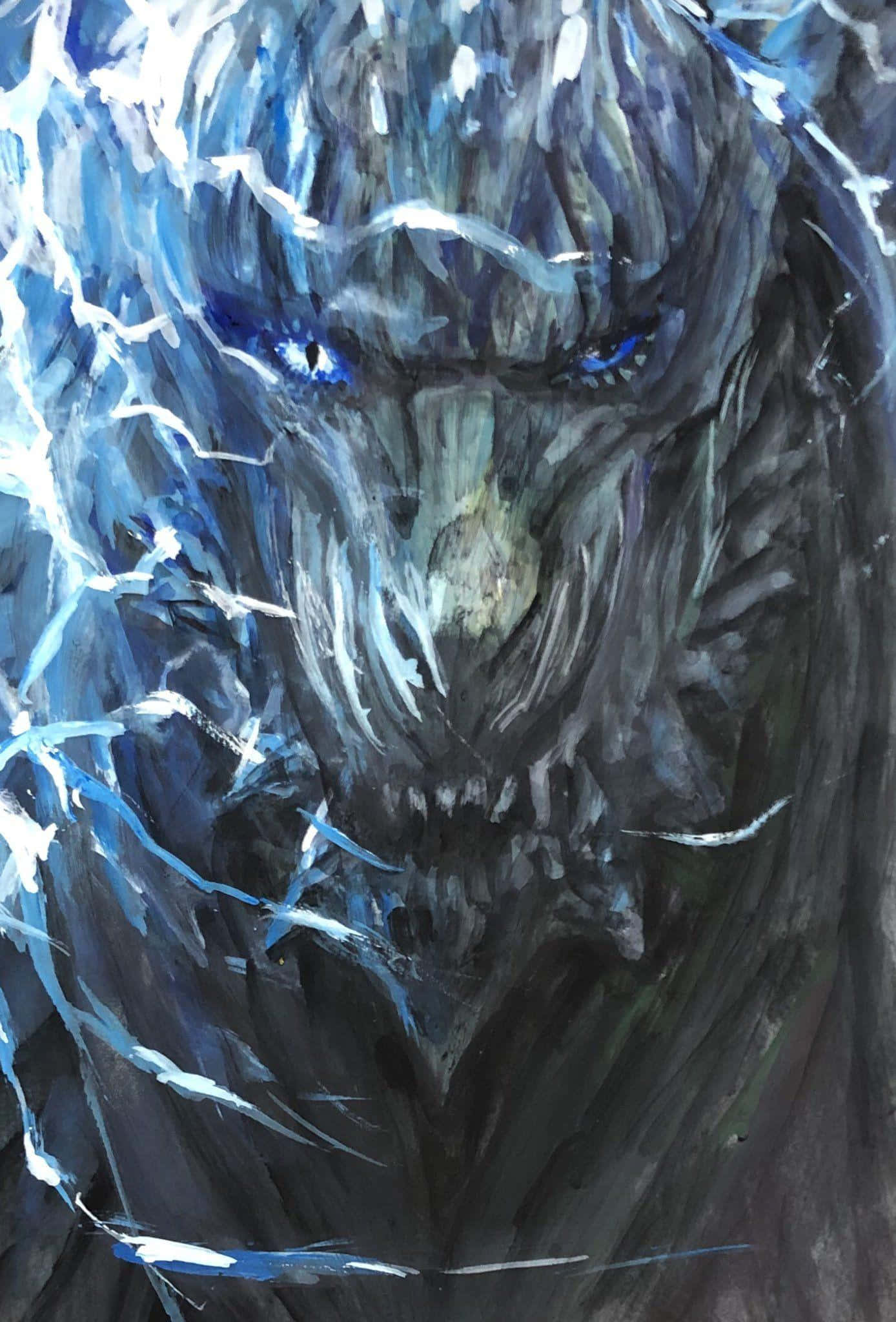 Godzilla Earth 桌布 壁紙 — 一隻帶有發光藍眼睛和裂紋閃電劃過冰霜覆蓋毛皮的威嚇冰狼。